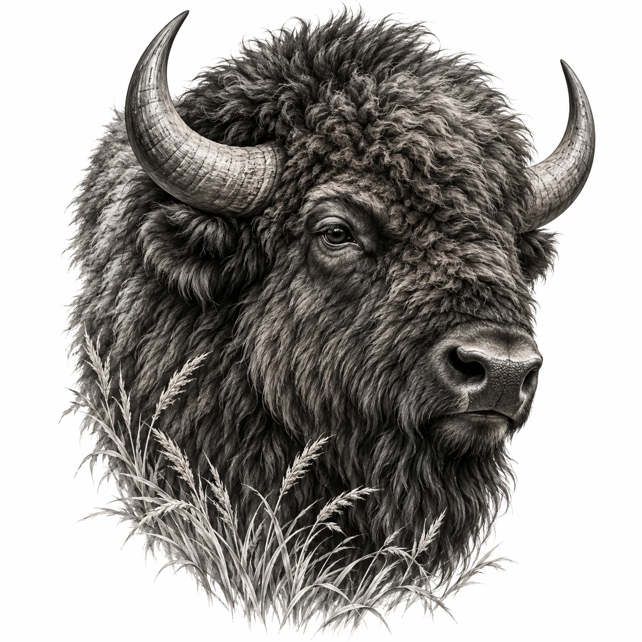 Desenho de tatuagem de Bisão majestoso em realismo preto e cinza, modelo NR-0206, em preto e cinza.