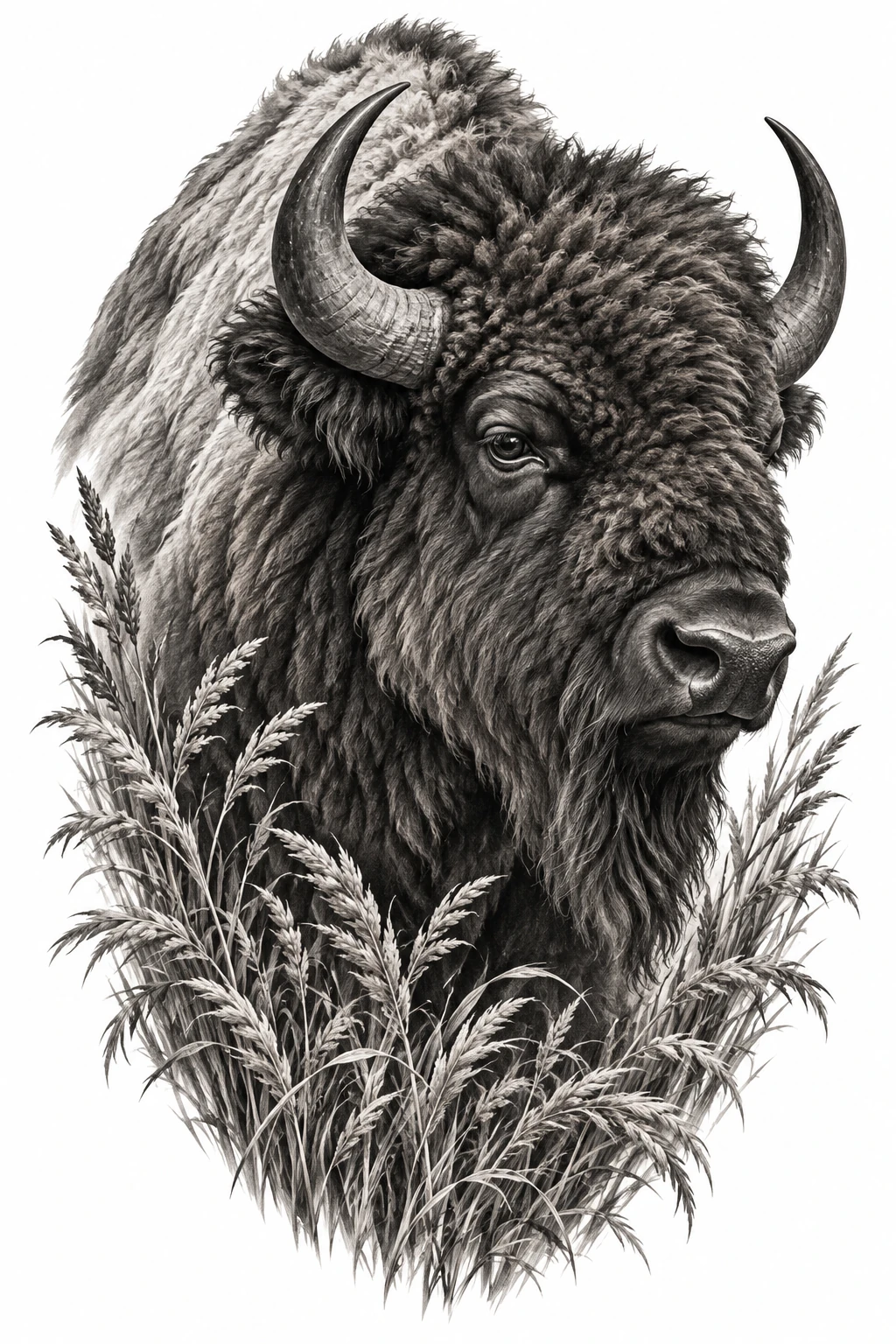 Desenho de tatuagem de Bisão poderoso entre gramíneas da pradaria, modelo NR-0207, em preto e cinza.