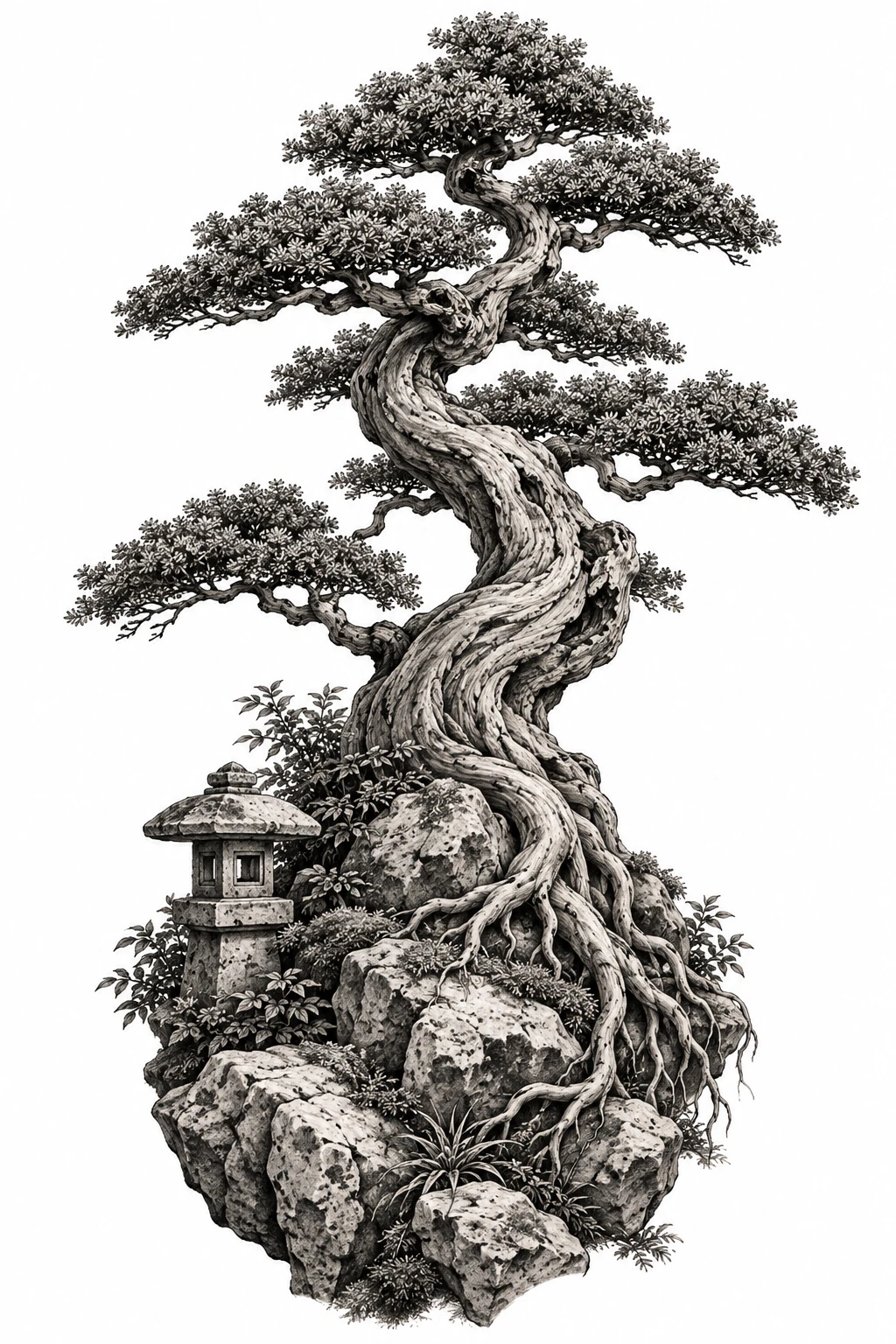Desenho de tatuagem de Bonsai ancestral com raízes expostas, modelo NR-0208, em preto e cinza.