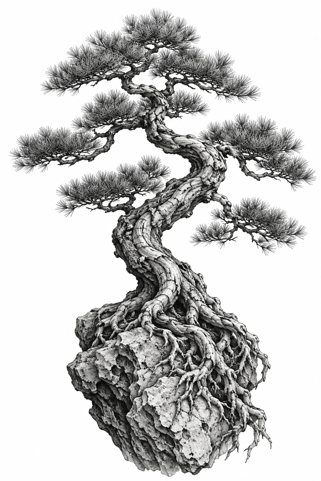Desenho de tatuagem de Bonsai de pinheiro sobre pedra, modelo NR-0209, em preto e cinza.