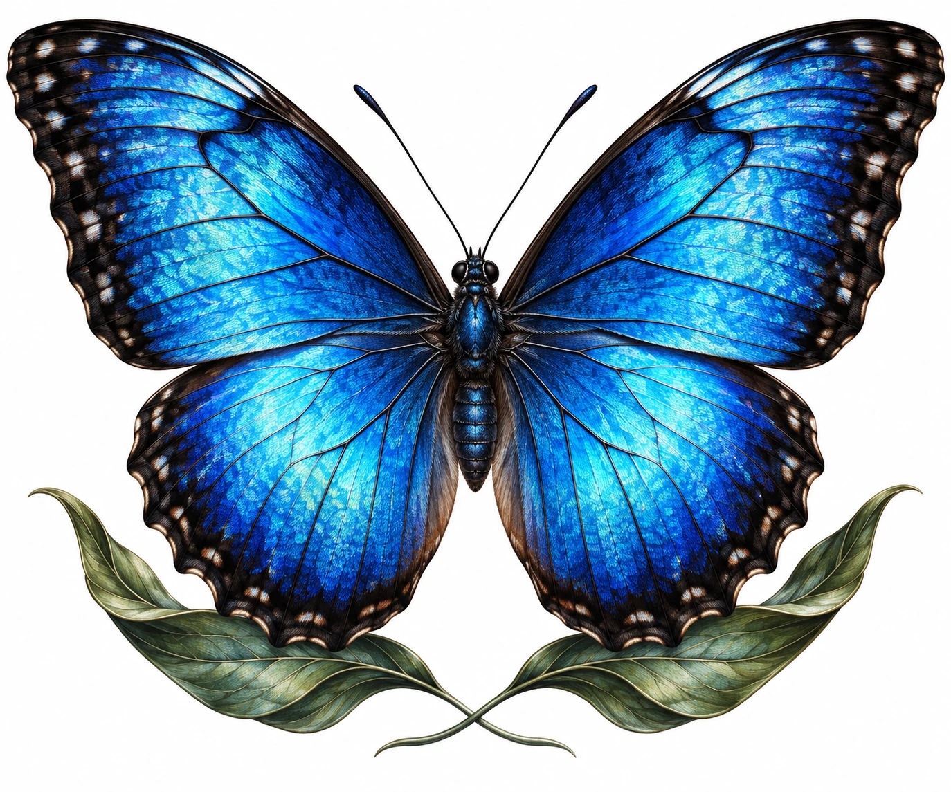 Desenho de tatuagem de Borboleta morpho azul com folhas, modelo NR-0210, em preto e cinza.