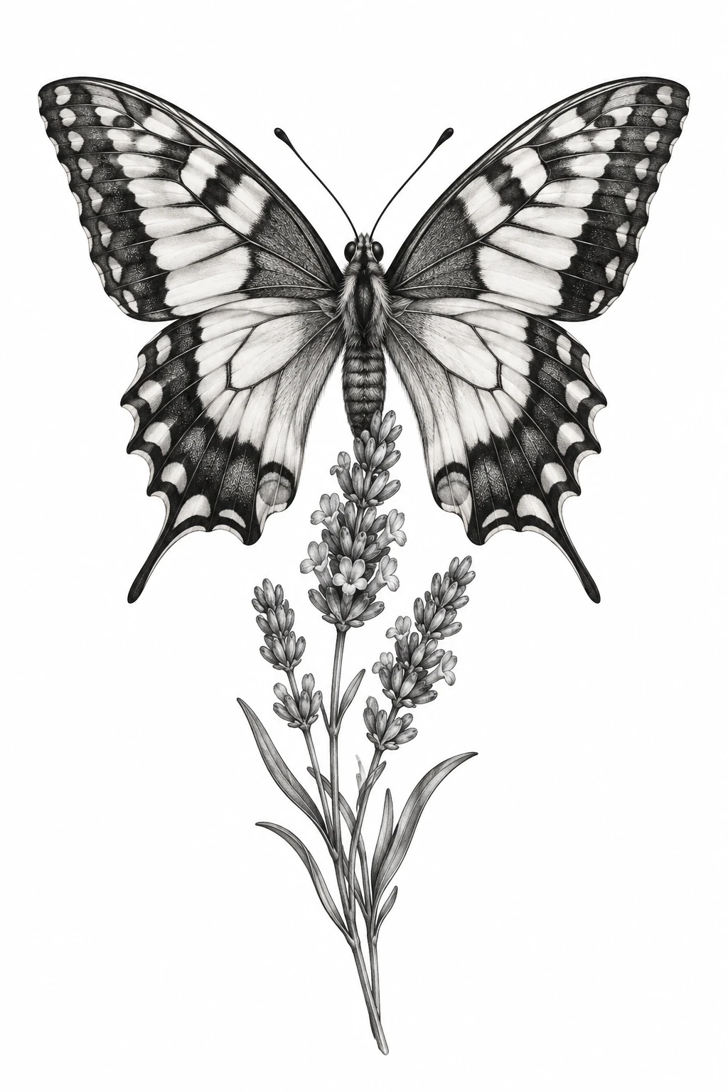 Desenho de tatuagem de Borboleta rabo-de-andorinha sobre lavanda, modelo NR-0211, em preto e cinza.