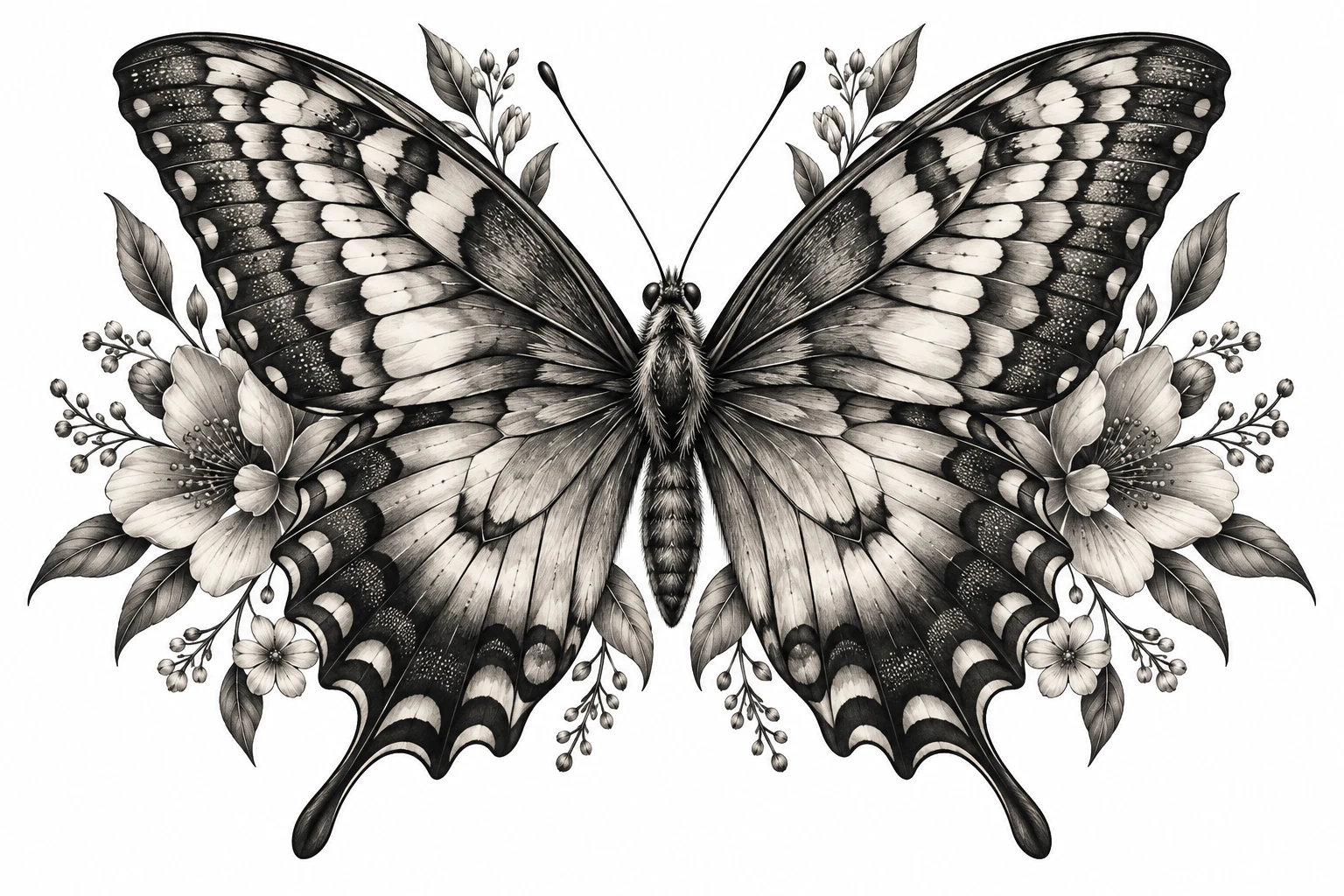 Desenho de tatuagem de Borboleta simétrica com detalhes botânicos, modelo NR-0212, em preto e cinza.