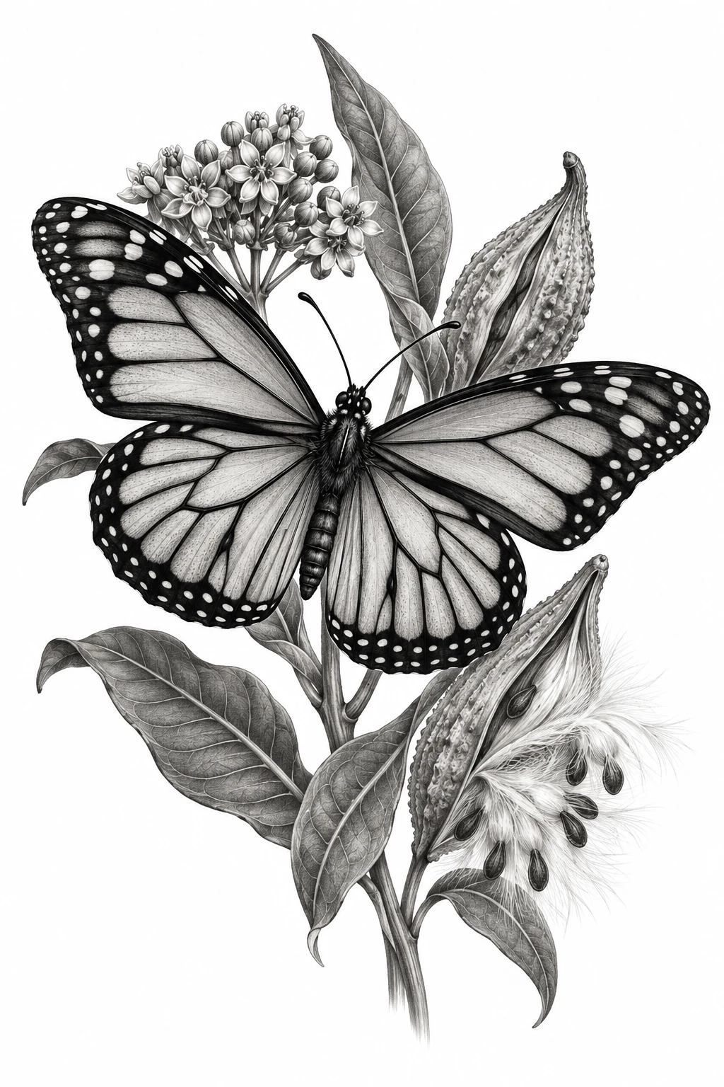 Desenho de tatuagem de Borboleta-monarca entre asclepídeas, modelo NR-0213, em preto e cinza.