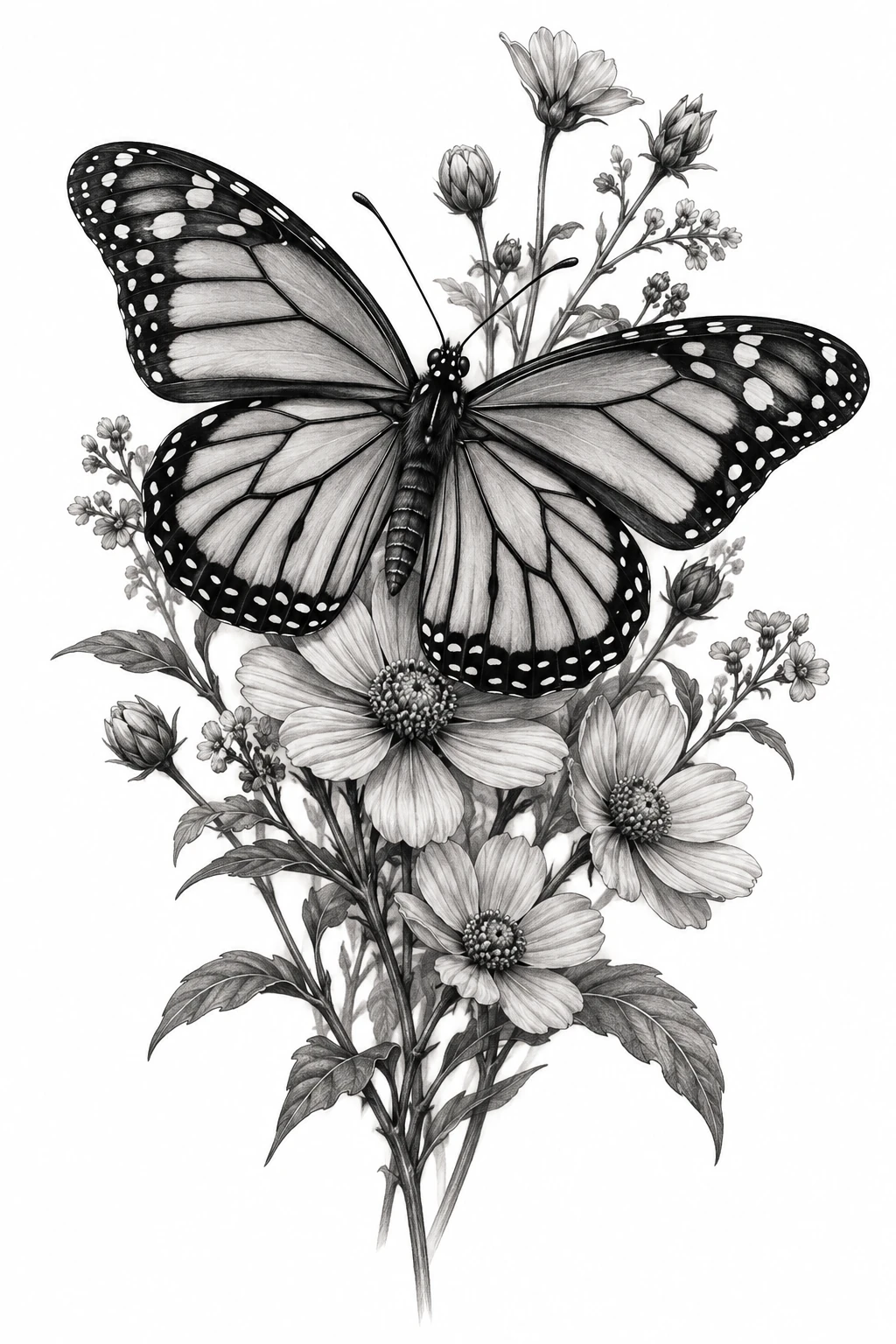 Desenho de tatuagem de Borboleta-monarca sobre flores silvestres, modelo NR-0214, em preto e cinza.