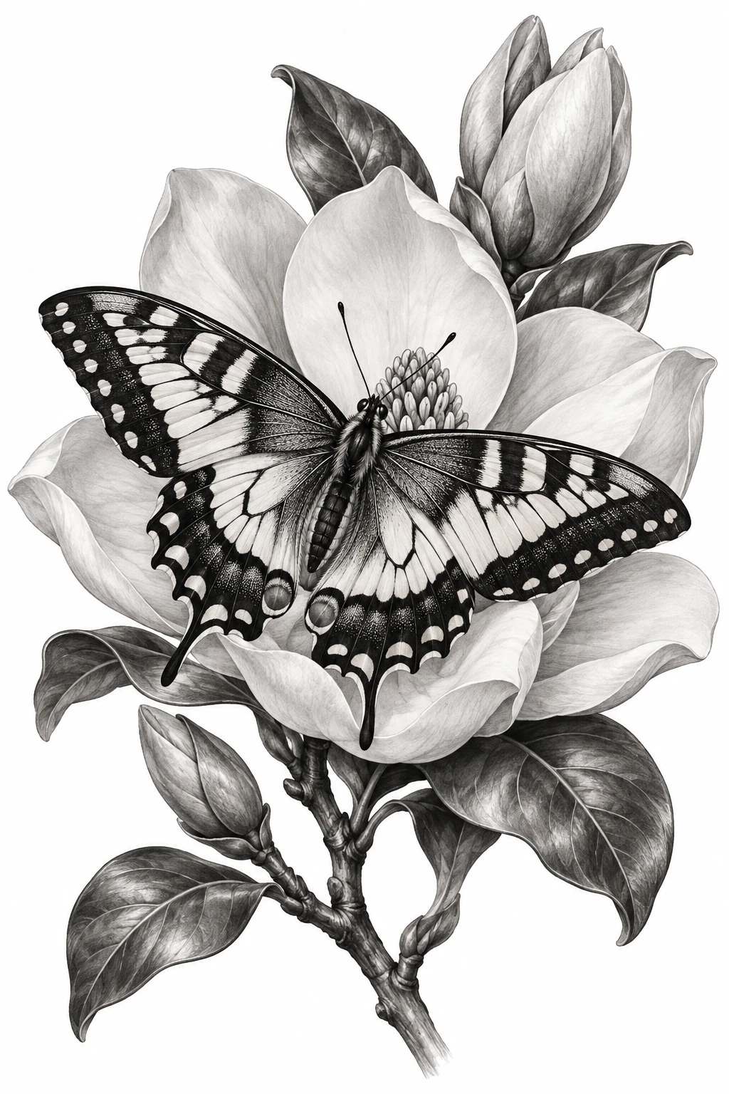 Desenho de tatuagem de Borboleta-rabo-de-andorinha na magnólia, modelo NR-0215, em preto e cinza.