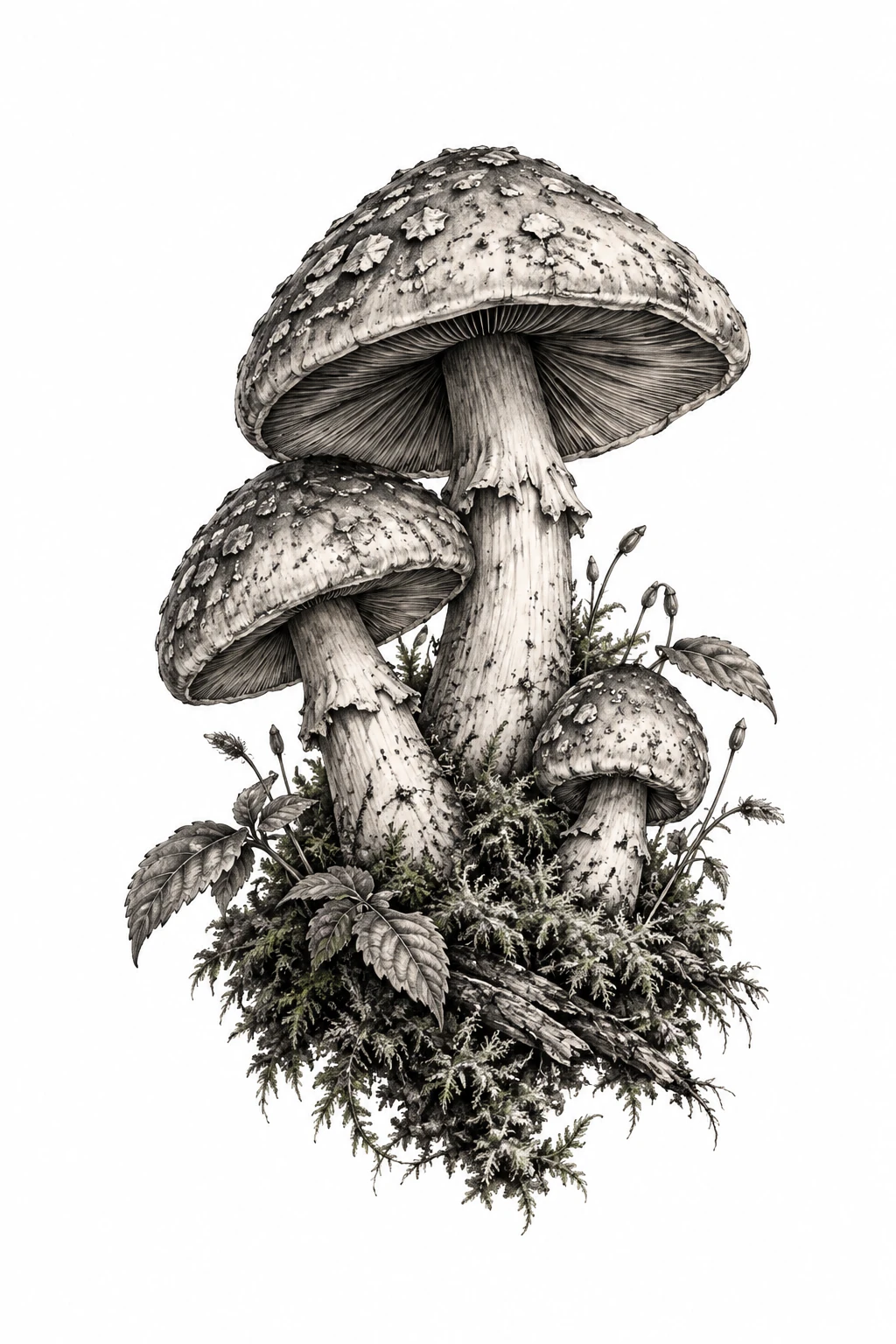 Desenho de tatuagem de Bosque de cogumelos, musgo e folhas, modelo NR-0216, em preto e cinza.