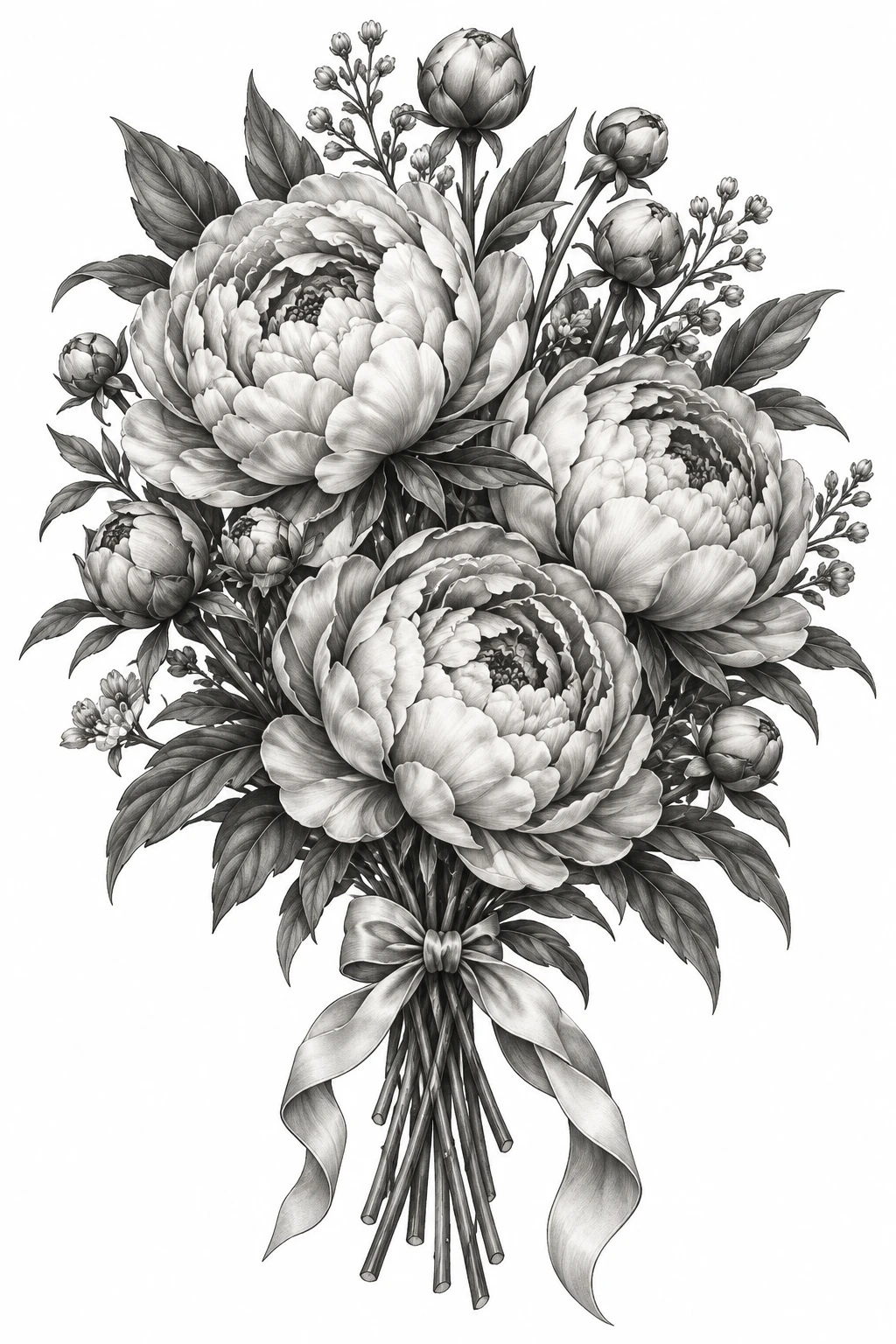 Desenho de tatuagem de Buquê de peônias em preto e cinza, modelo NR-0217, em preto e cinza.