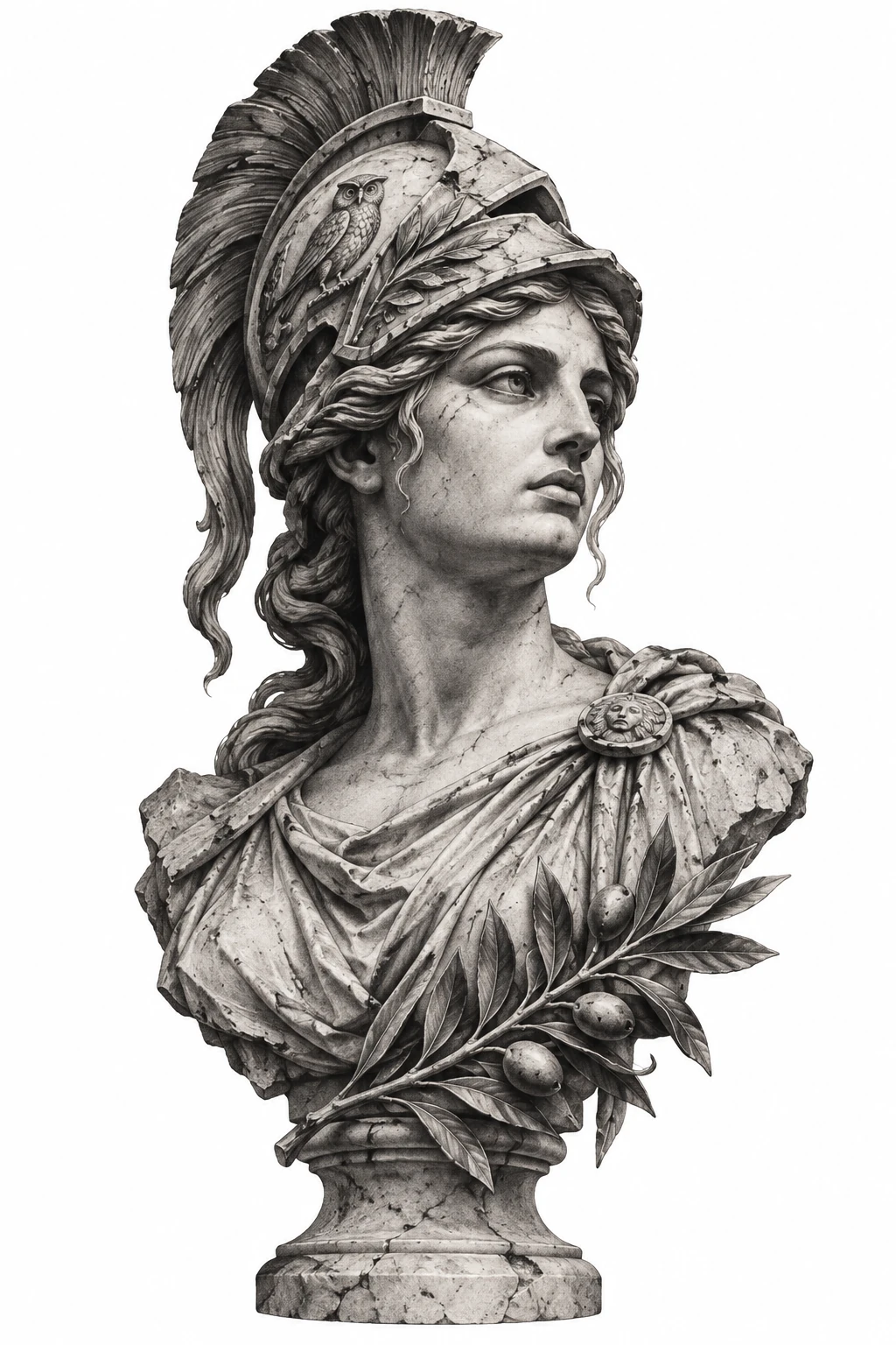 Desenho de tatuagem de Busto de Atena em mármore e oliveira, modelo NR-0218, em preto e cinza.