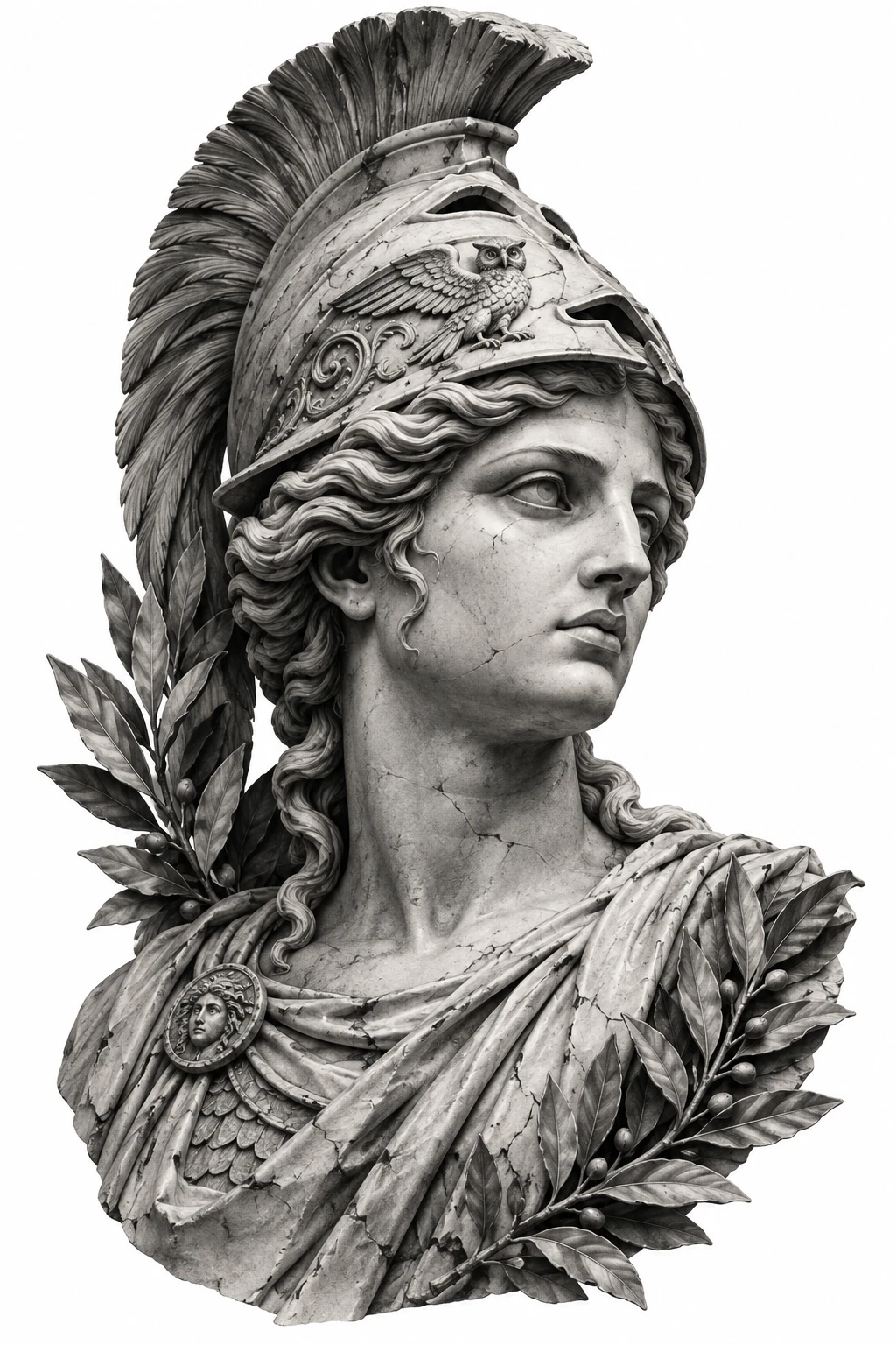 Desenho de tatuagem de Busto de Atena em mármore, modelo NR-0219, em preto e cinza.