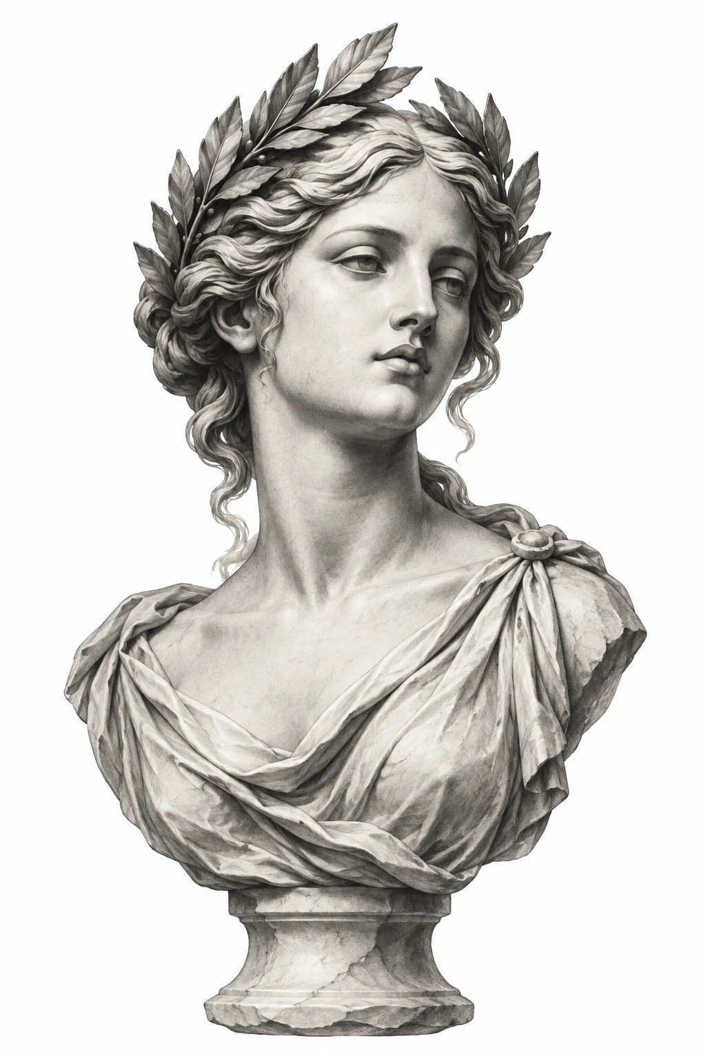 Desenho de tatuagem de Busto de mármore com coroa de louros, modelo NR-0220, em preto e cinza.