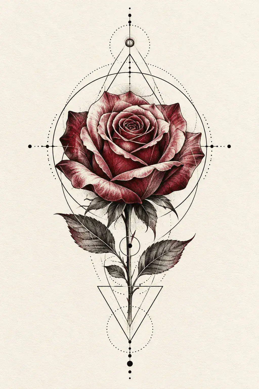 Imagem em alta resolução de uma tatuagem de rosa no estilo Ornamental / Handpoke, referência para coxa