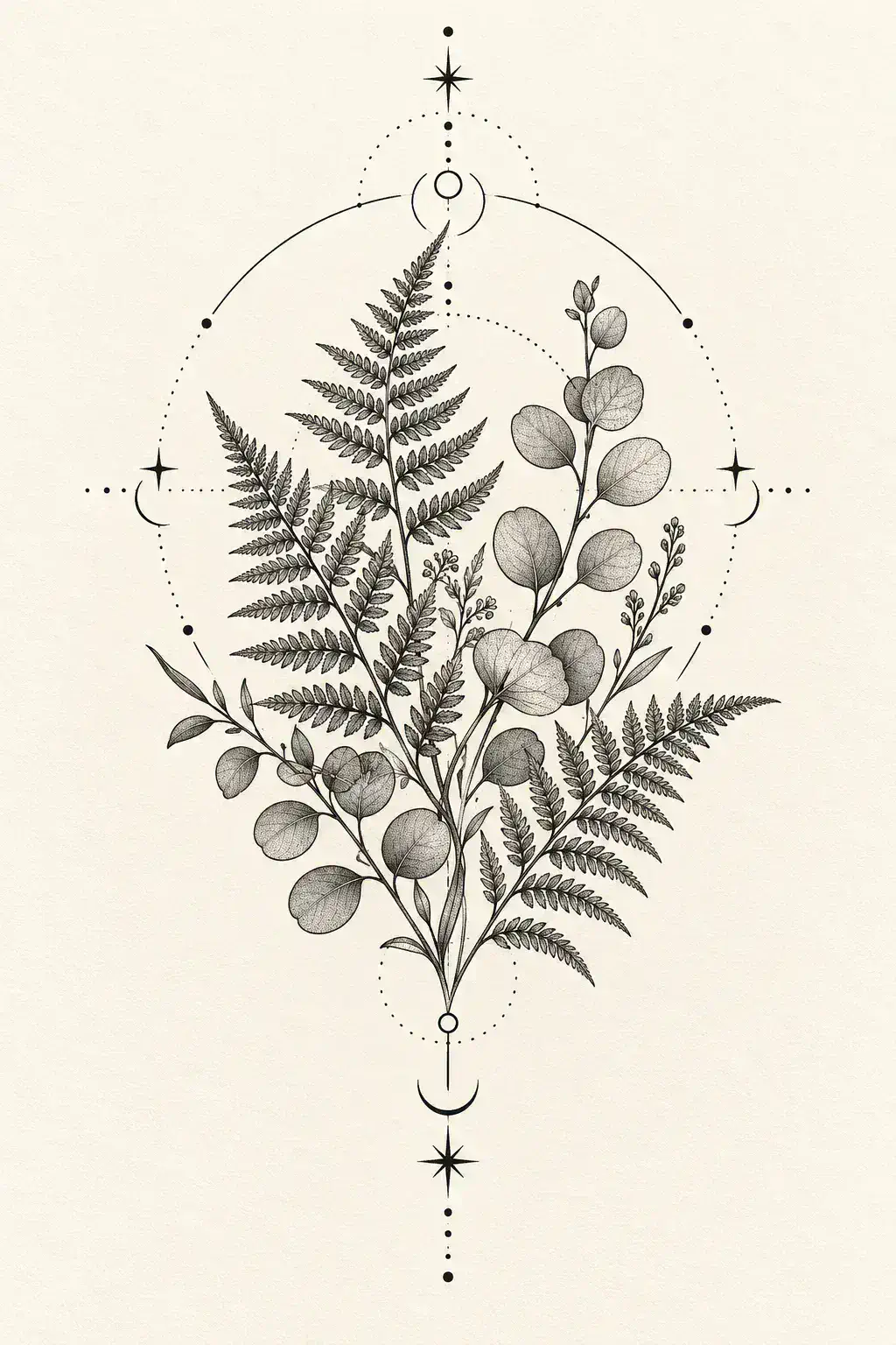Imagem em alta resolução de uma tatuagem de folhagem no estilo Ornamental / Handpoke, referência para tornozelo