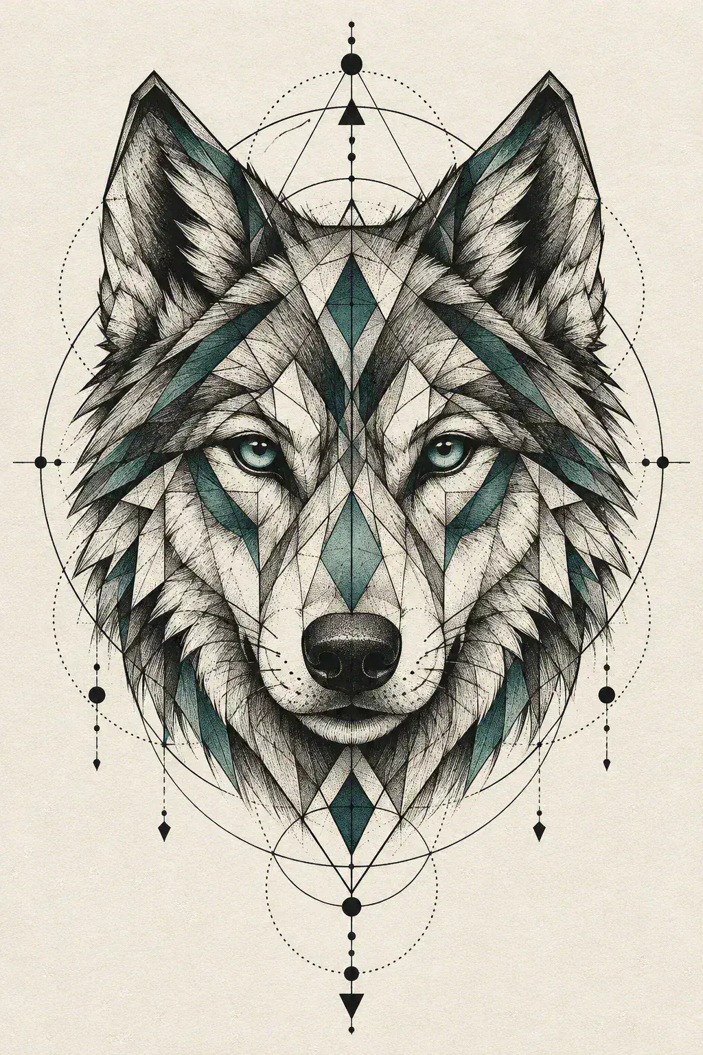 Imagem em alta resolução de uma tatuagem de lobo no estilo Ornamental / Handpoke, referência para antebraço