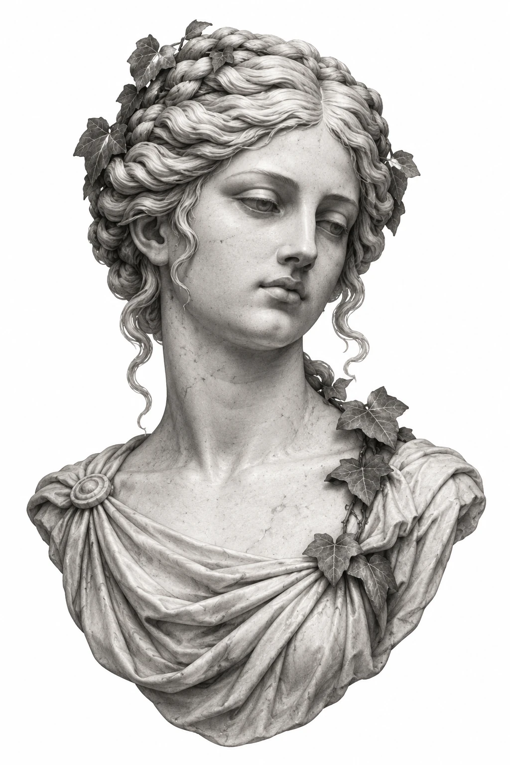 Desenho de tatuagem de Busto de mármore com tranças e hera, modelo NR-0225, em preto e cinza.