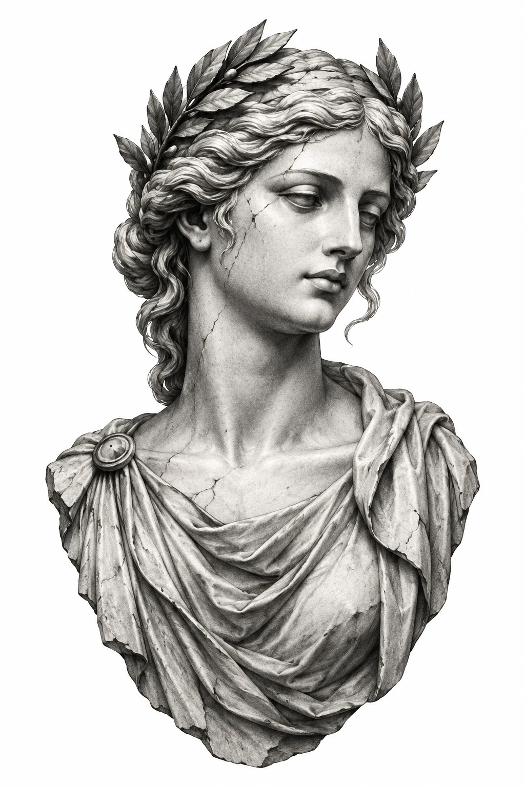 Desenho de tatuagem de Busto grego de mármore com louros, modelo NR-0226, em preto e cinza.