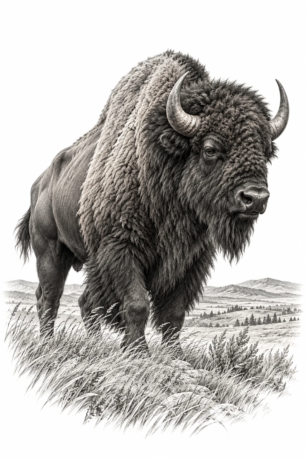 Desenho de tatuagem de Búfalo americano nas pradarias ao vento, modelo NR-0227, em preto e cinza.
