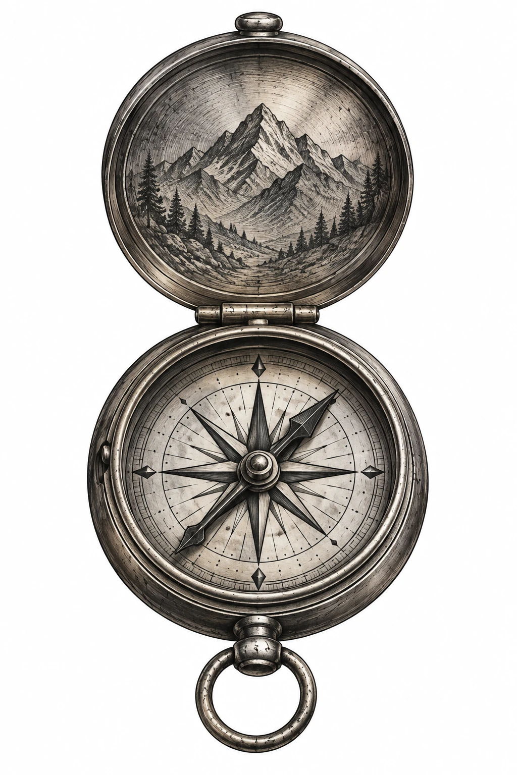 Desenho de tatuagem de Bússola antiga com montanhas gravadas, modelo NR-0228, em preto e cinza.