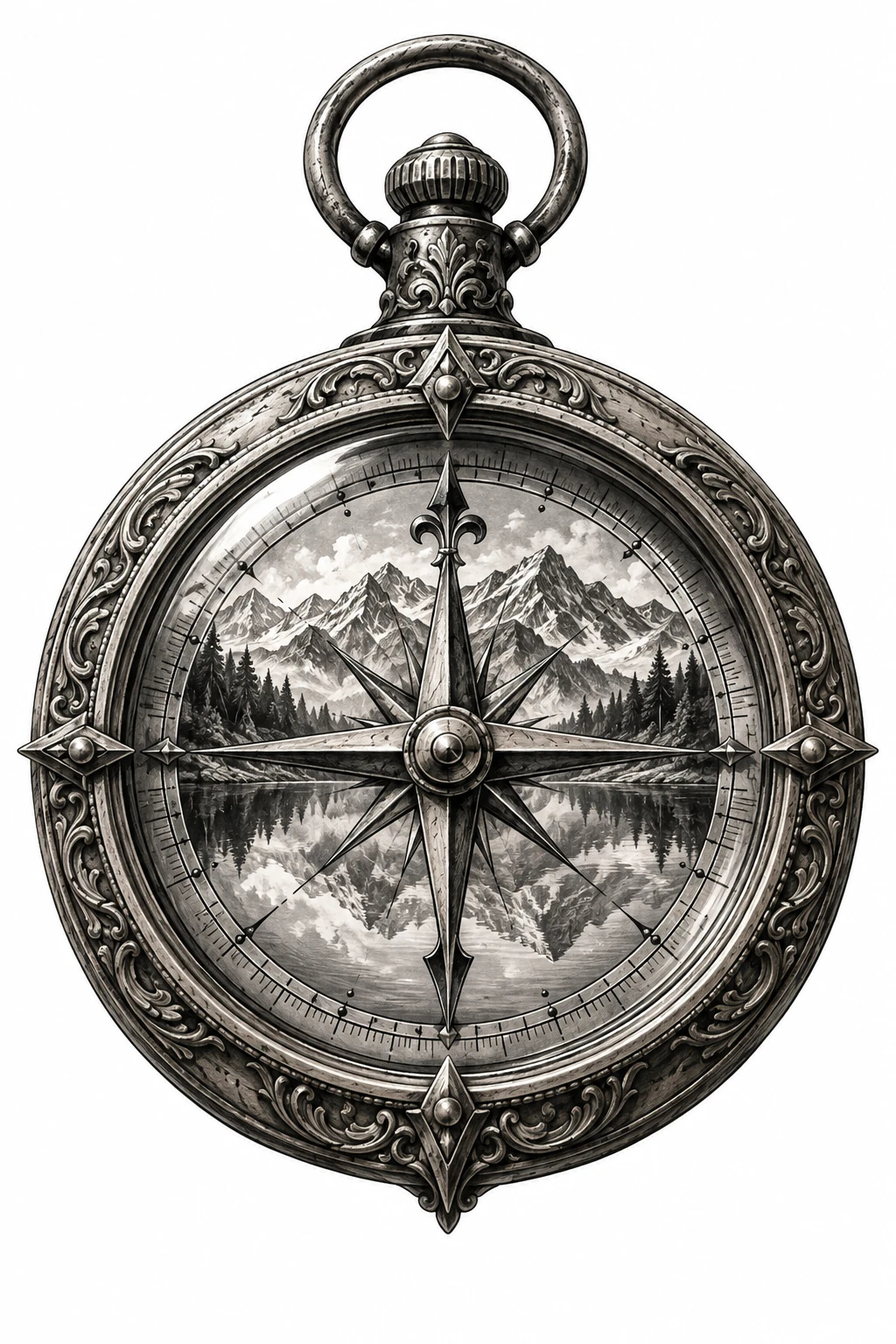 Desenho de tatuagem de Bússola antiga com montanhas refletidas, modelo NR-0229, em preto e cinza.