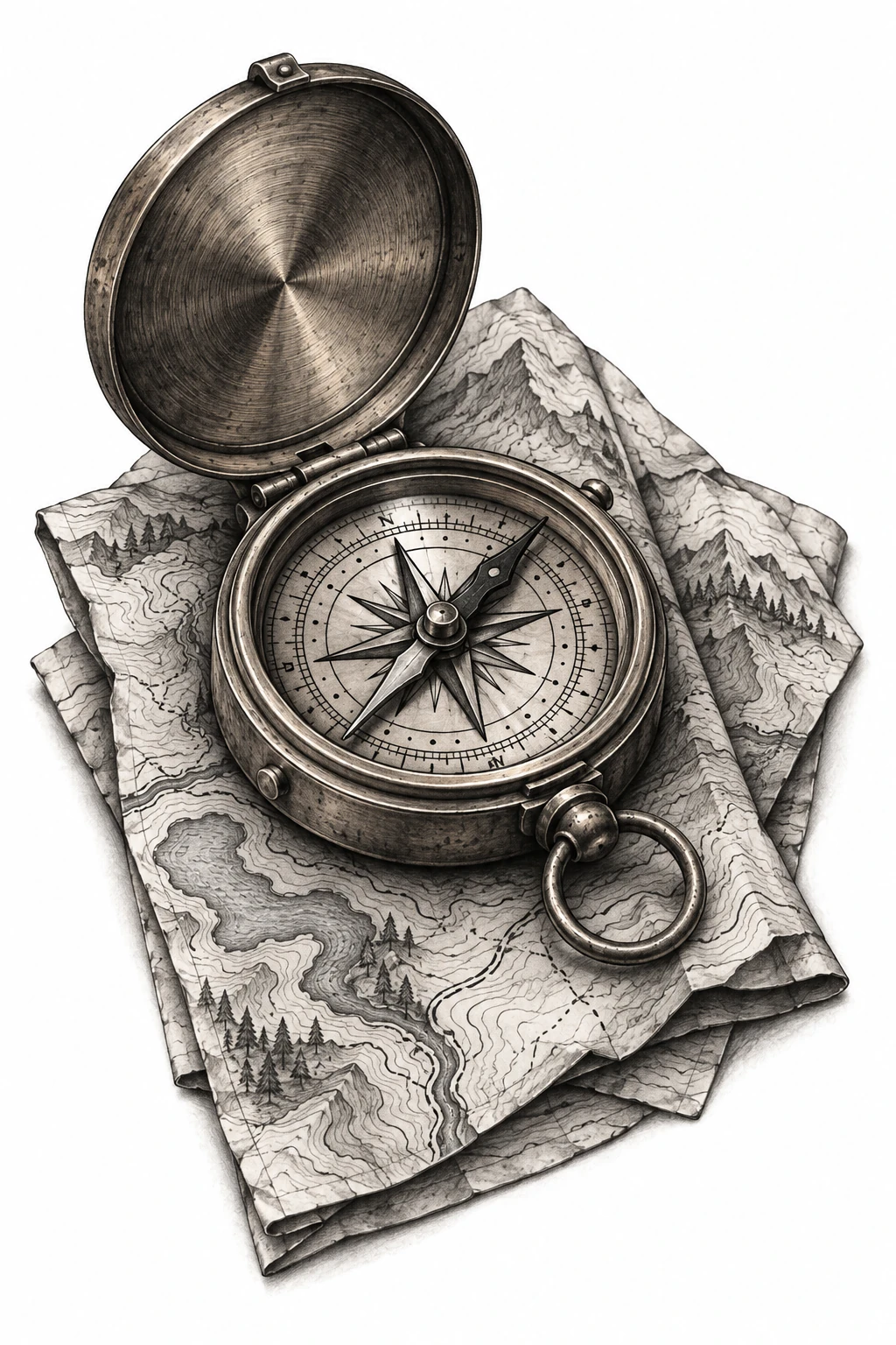 Desenho de tatuagem de Bússola de latão sobre mapa topográfico, modelo NR-0231, em preto e cinza.
