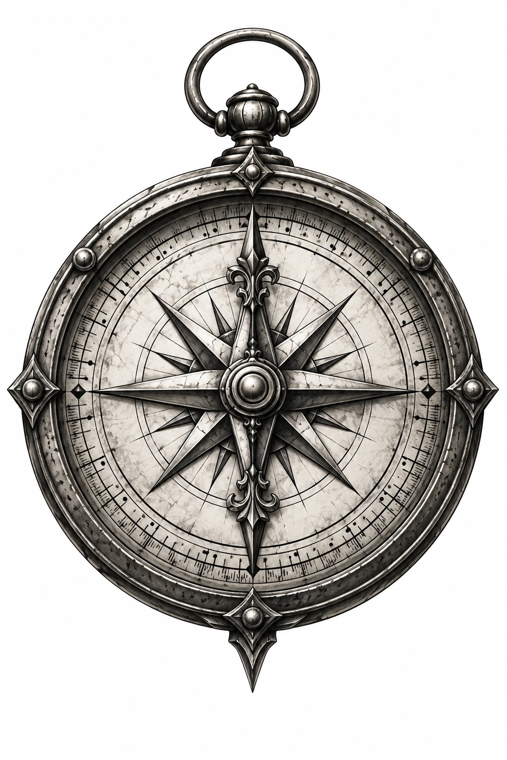 Desenho de tatuagem de Bússola náutica antiga ornamentada, modelo NR-0232, em preto e cinza.