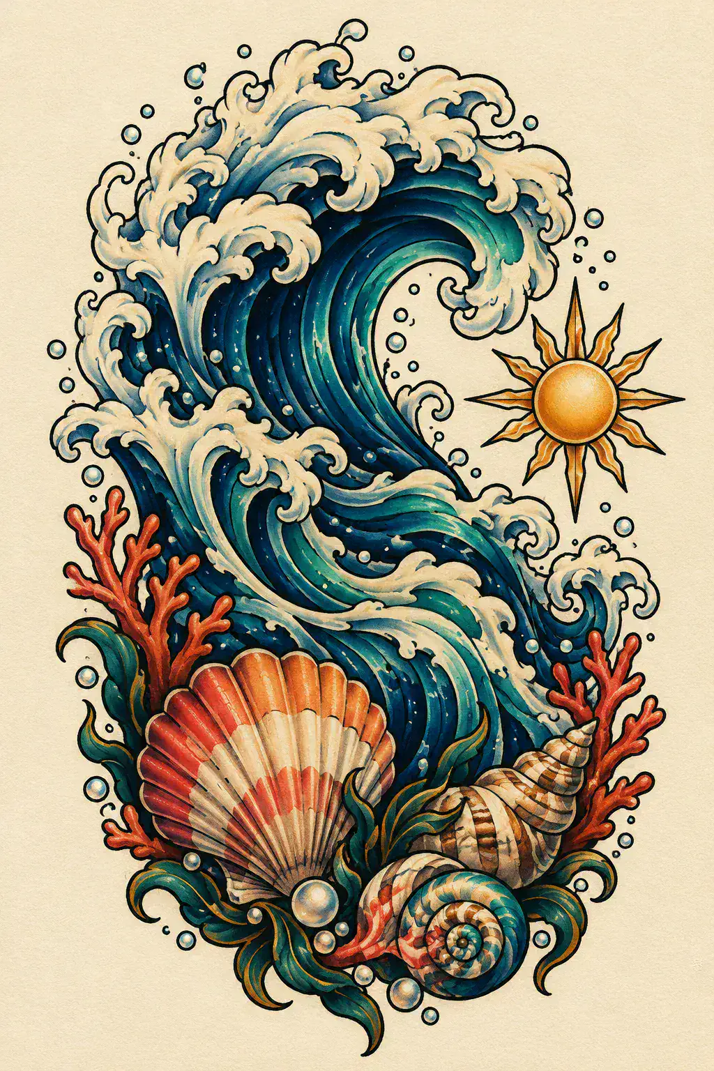 Imagem em alta resolução de uma tatuagem de onda no estilo Ornamental / Handpoke, referência para coxa