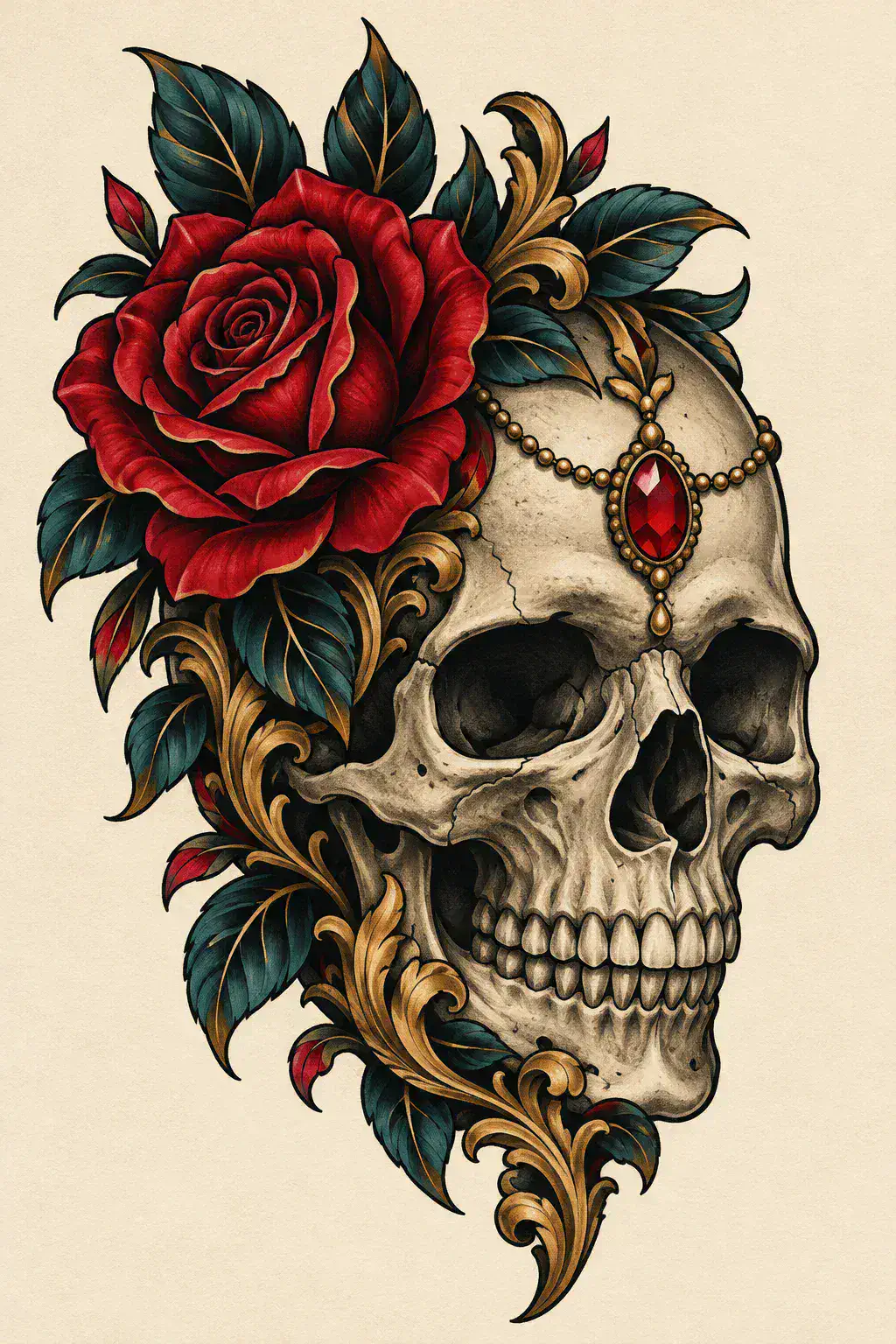 Imagem em alta resolução de uma tatuagem de caveira no estilo Ornamental / Handpoke, referência para costas