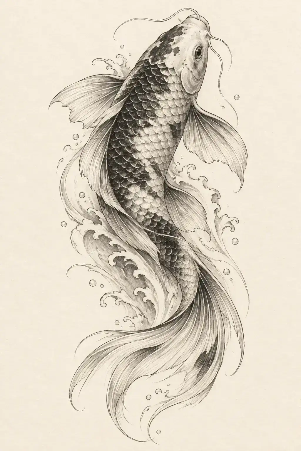 Imagem em alta resolução de uma tatuagem de carpa no estilo Fineline, referência para tornozelo