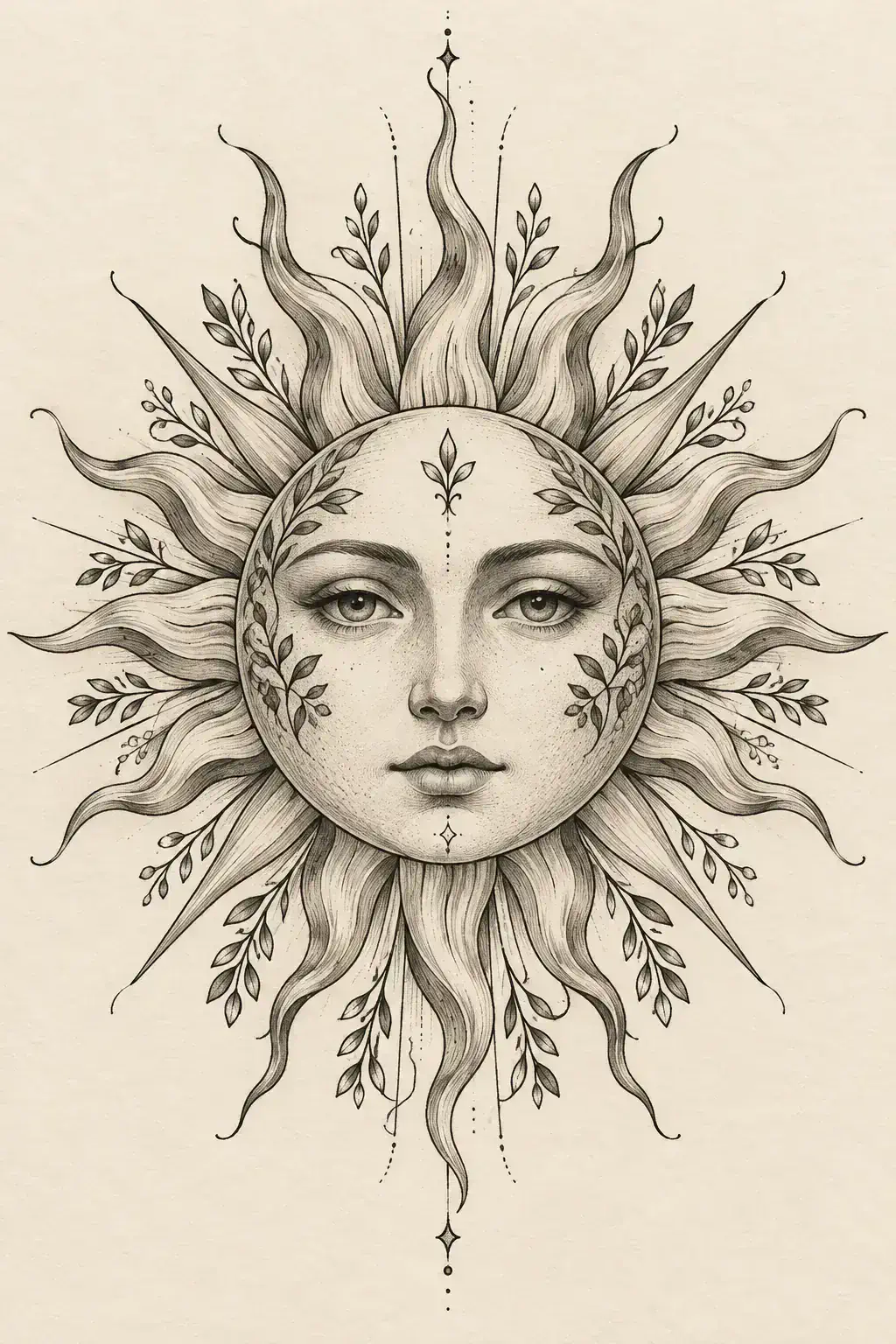 Imagem em alta resolução de uma tatuagem de sol no estilo Fineline, referência para mão