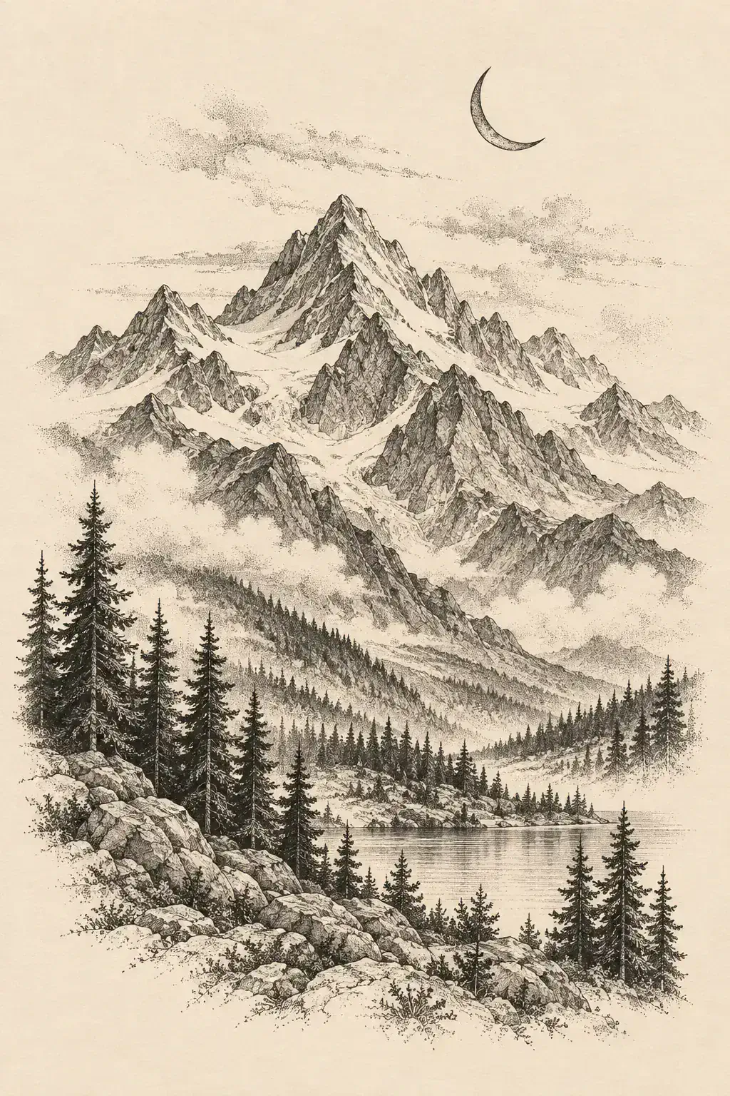 Imagem em alta resolução de uma tatuagem de montanha no estilo Fineline, referência para fechamento / manga