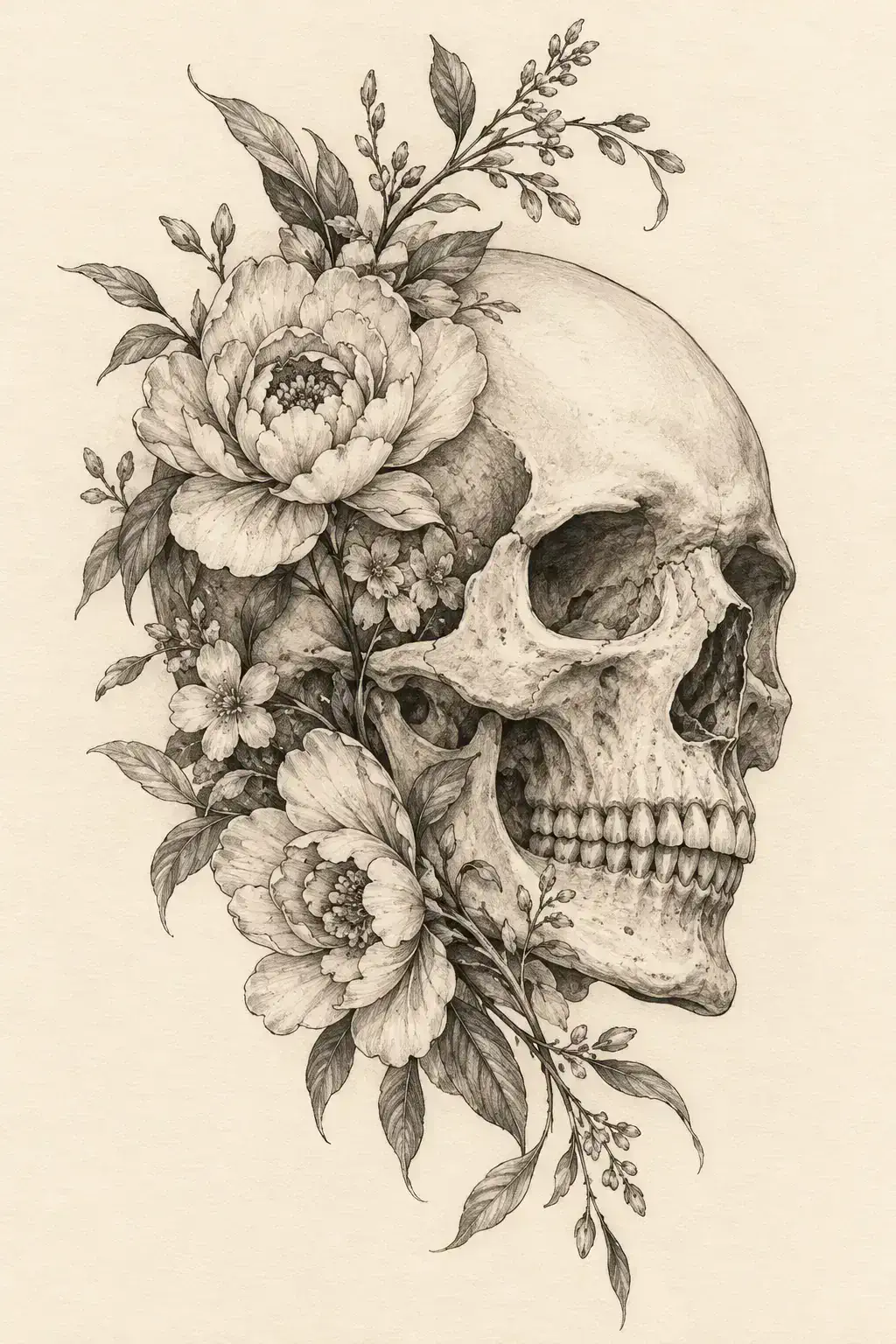 Imagem em alta resolução de uma tatuagem de caveira no estilo Fineline, referência para nuca