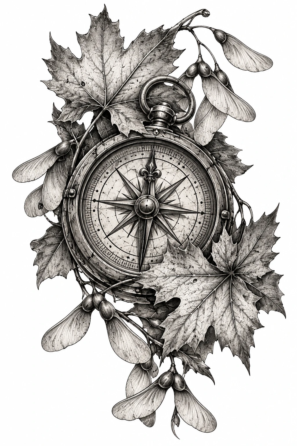 Desenho de tatuagem de Bússola náutica entre folhas e sementes aladas, modelo NR-0261, em preto e cinza.