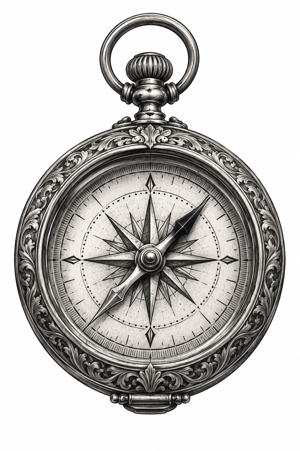 Desenho de tatuagem de Bússola vintage em preto e cinza, modelo NR-0262, em preto e cinza.