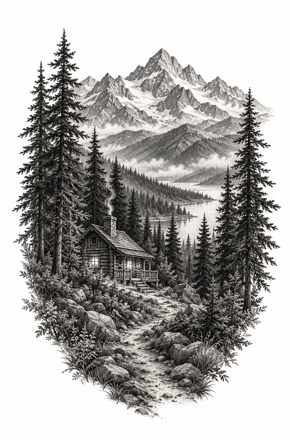 Desenho de tatuagem de Cabana rústica entre pinheiros e montanhas, modelo NR-0264, em preto e cinza.