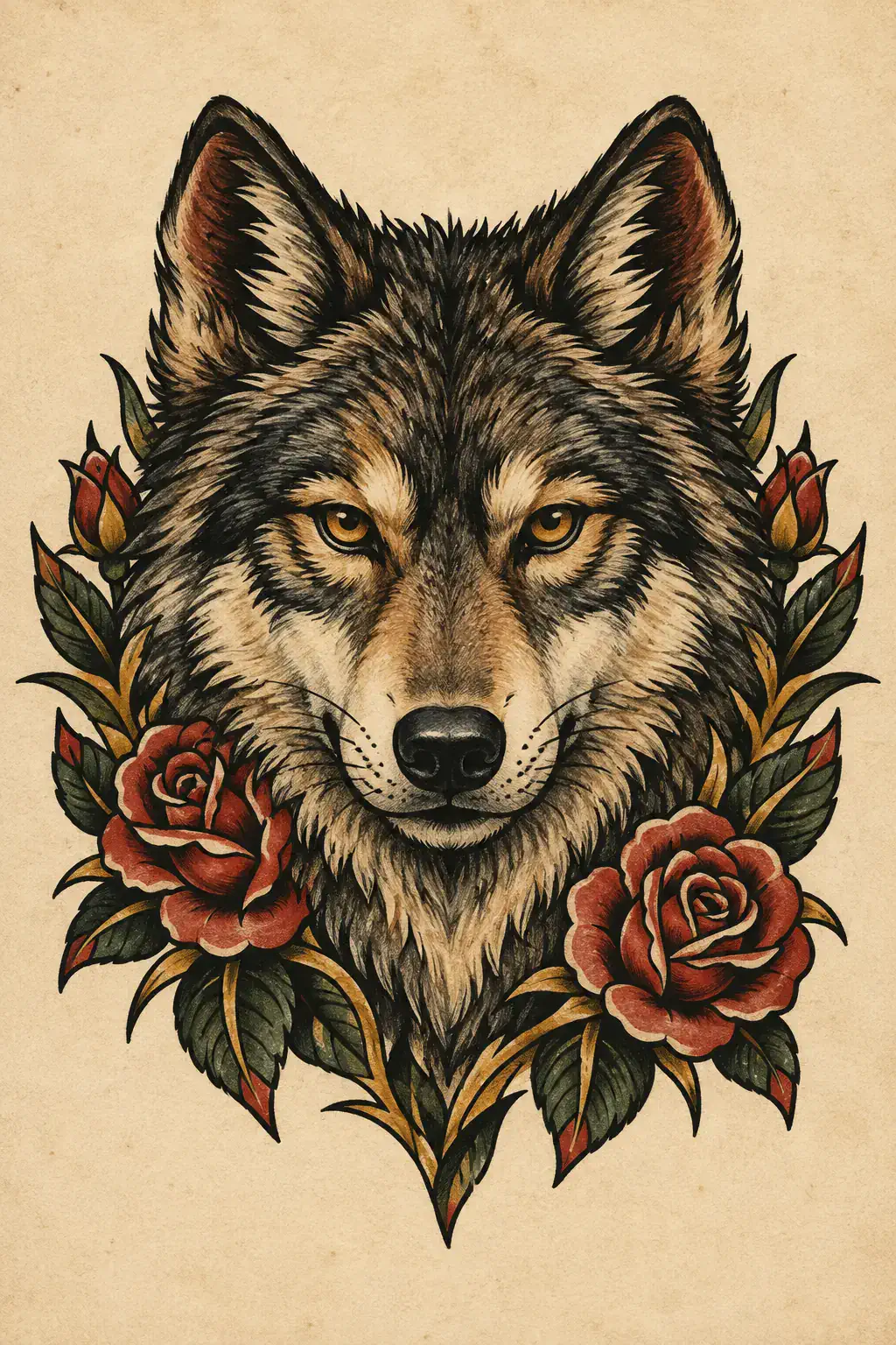 Imagem em alta resolução de tatuagem de Lobo no estilo Old School, referência para Nuca