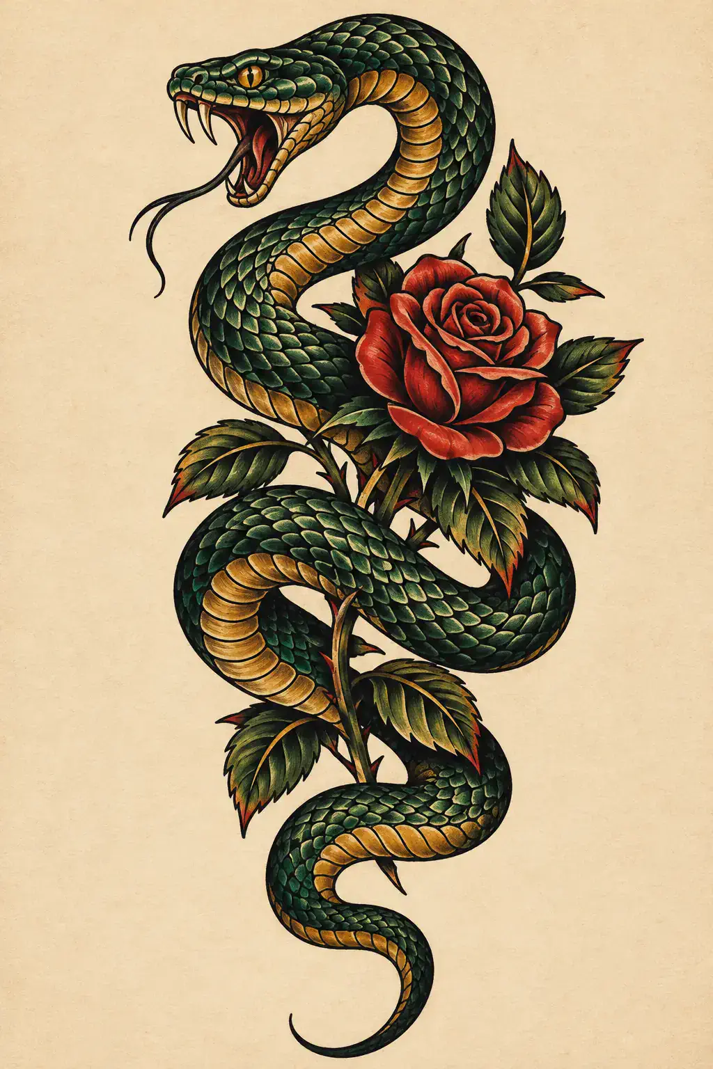 Imagem em alta resolução de tatuagem de Serpente no estilo Old School, referência para Coxa