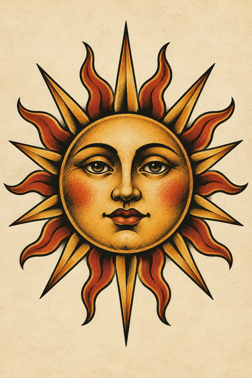 Imagem em alta resolução de tatuagem de Sol no estilo Old School, referência para Panturrilha