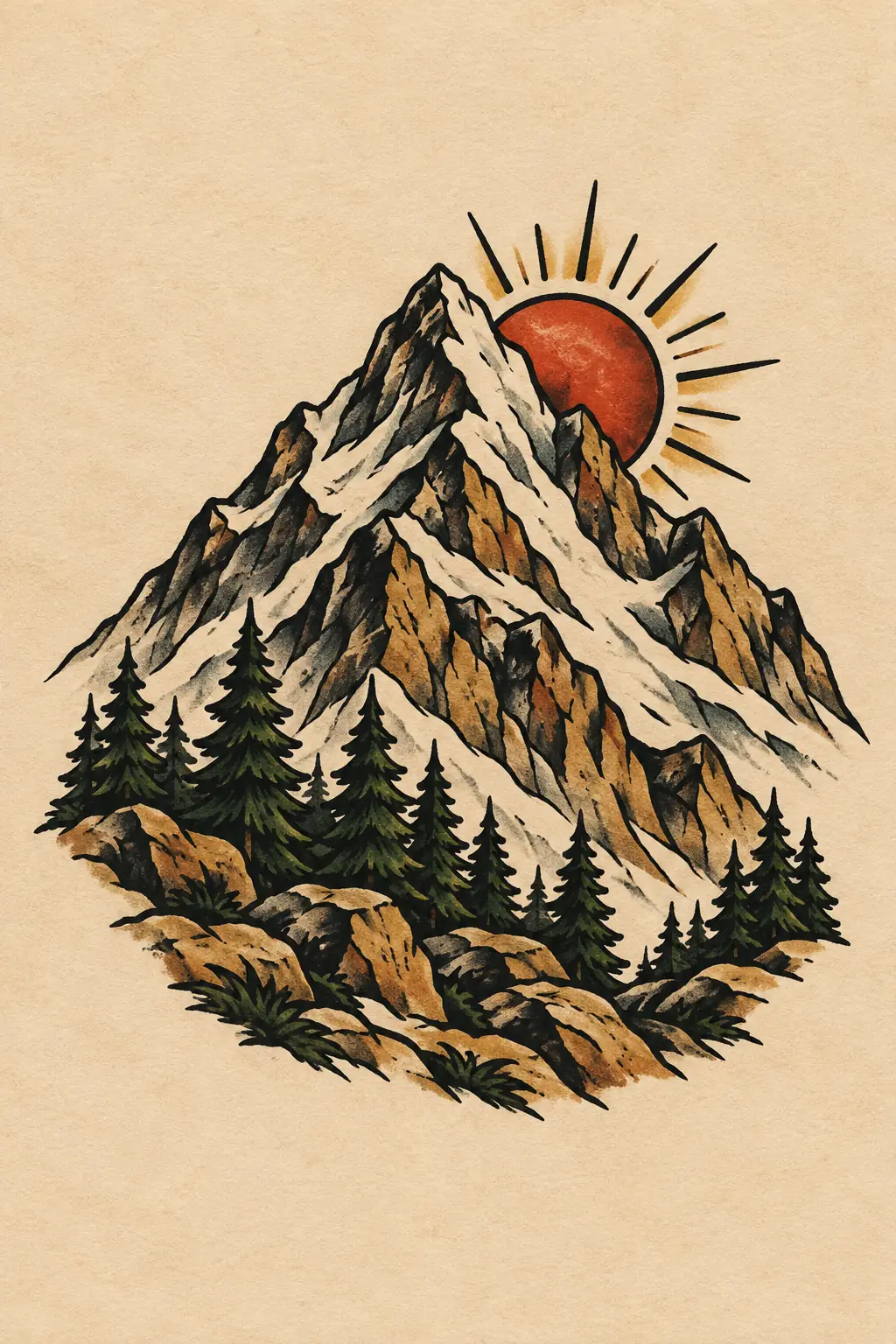 Imagem em alta resolução de tatuagem de Montanha no estilo Old School, referência para Ombro