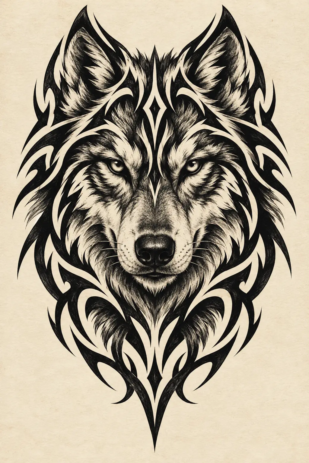 Imagem em alta resolução de tatuagem de Lobo no estilo Tribal, referência para Mão