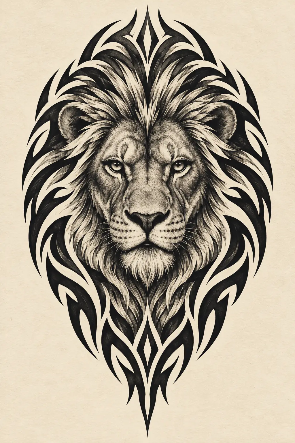 Imagem em alta resolução de tatuagem de Leão no estilo Tribal, referência para Panturrilha