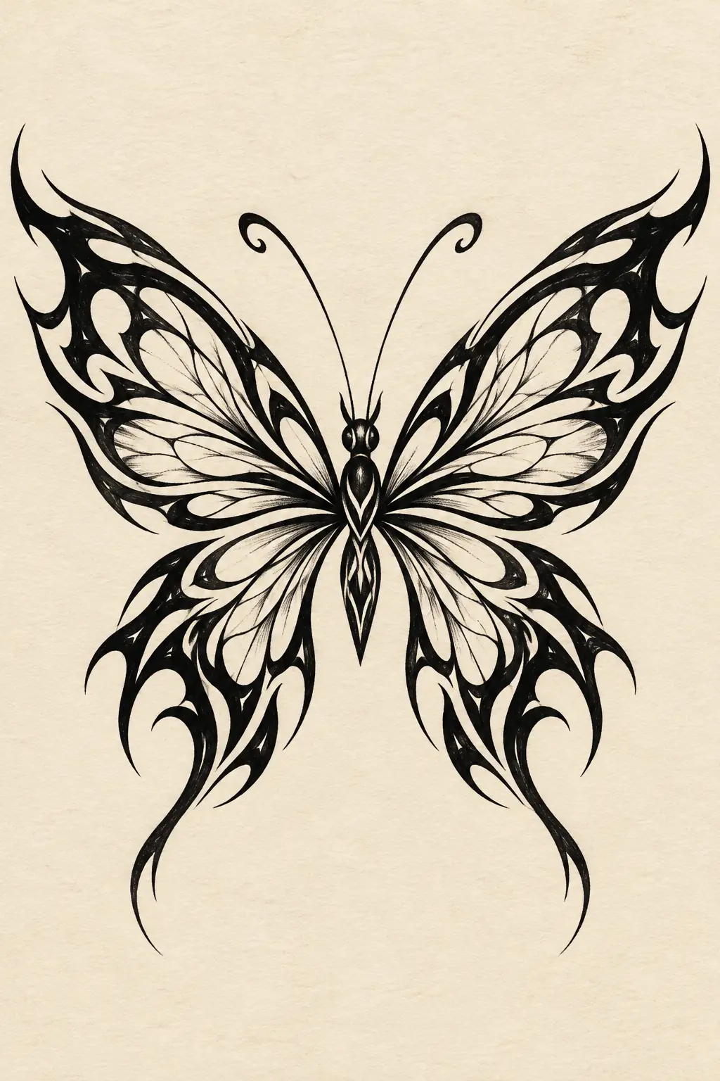 Imagem em alta resolução de tatuagem de Borboleta no estilo Tribal, referência para Fechamento / Manga