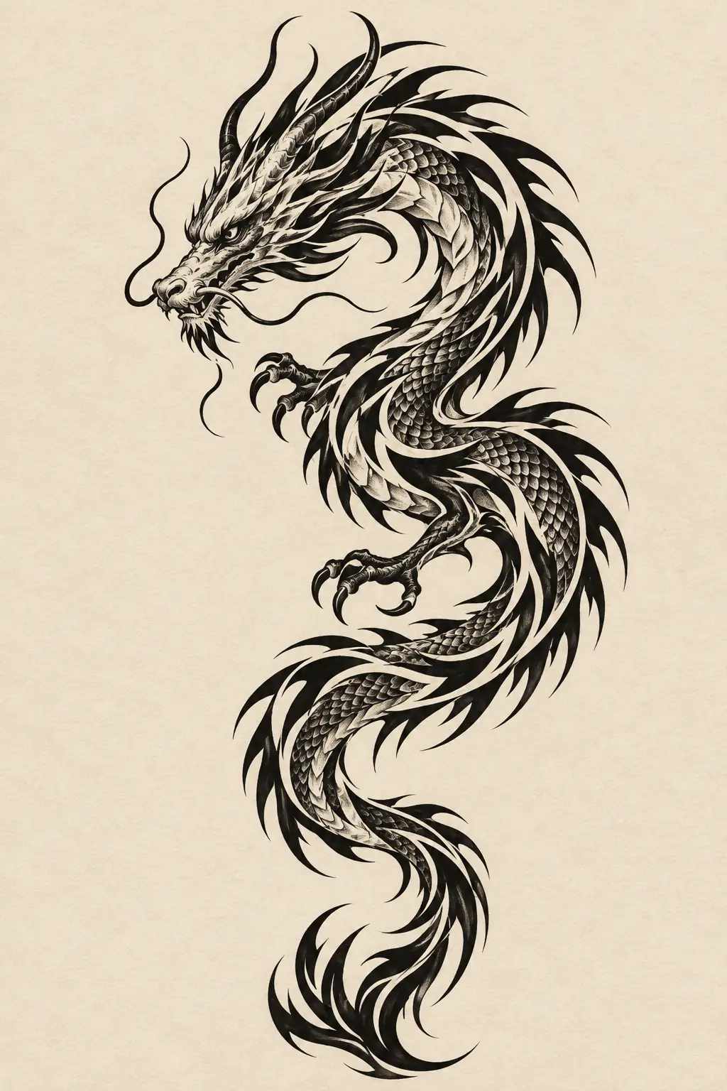 Imagem em alta resolução de tatuagem de Dragão no estilo Tribal, referência para Costela