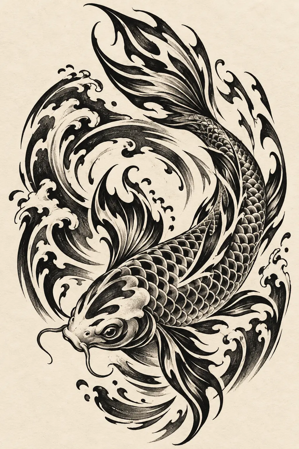 Imagem em alta resolução de tatuagem de Carpa no estilo Tribal, referência para Perna