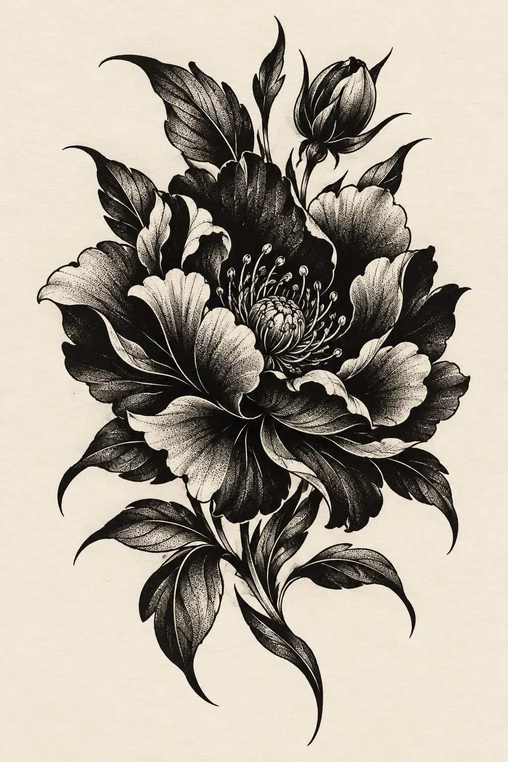 Imagem em alta resolução de tatuagem de Flor no estilo Blackwork, referência para Costela