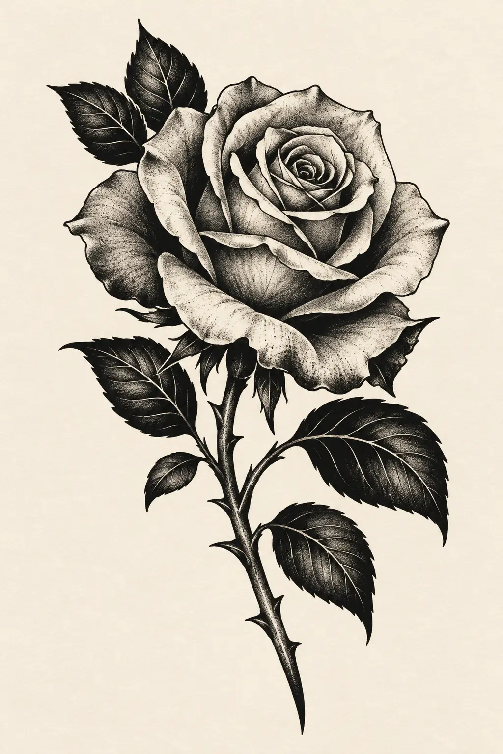 Imagem em alta resolução de tatuagem de Rosa no estilo Blackwork, referência para Perna