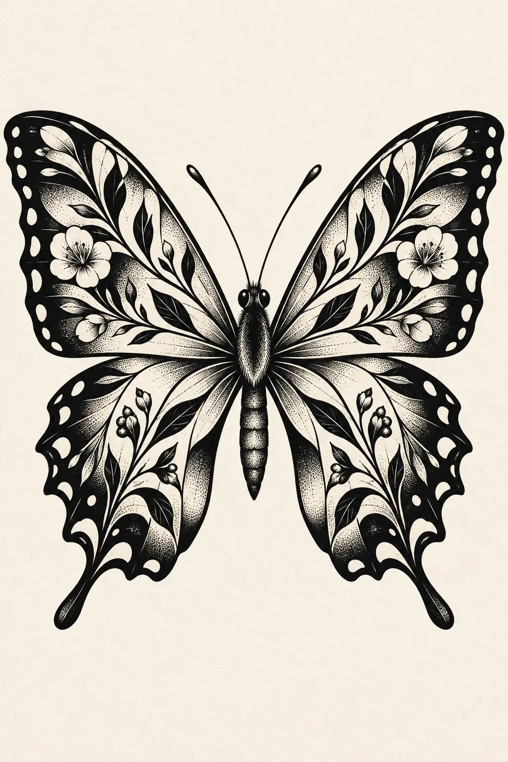 Imagem em alta resolução de tatuagem de Borboleta no estilo Blackwork, referência para Coxa