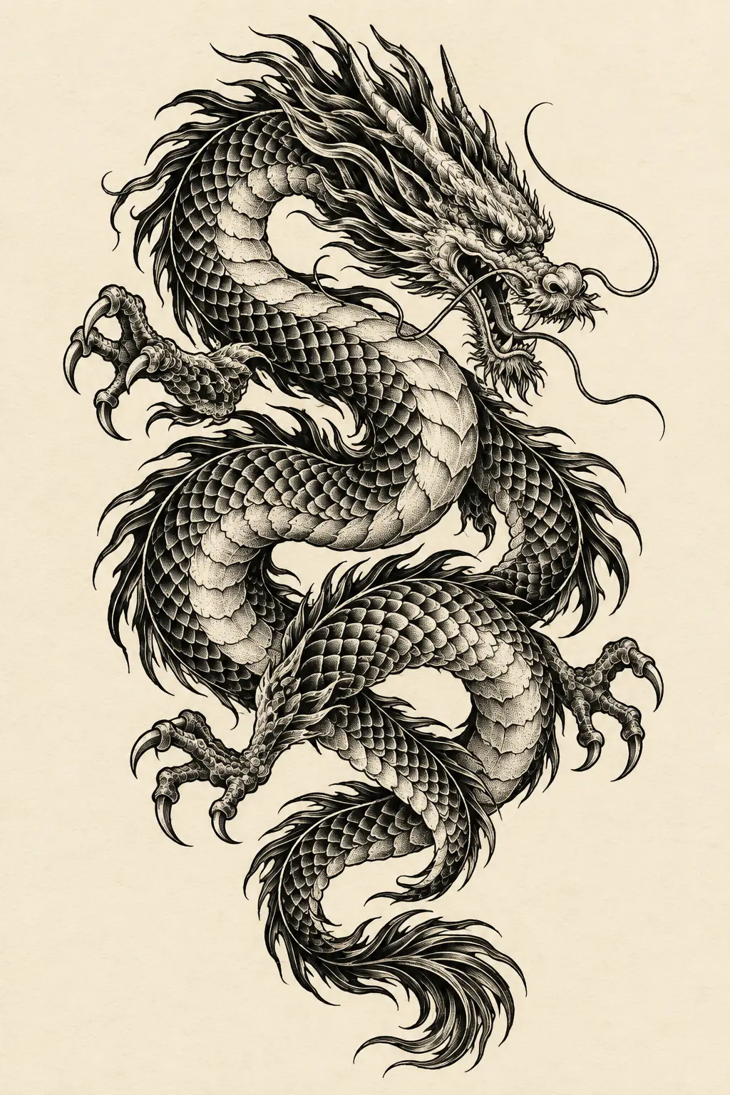 Imagem em alta resolução de tatuagem de Dragão no estilo Blackwork, referência para Antebraço