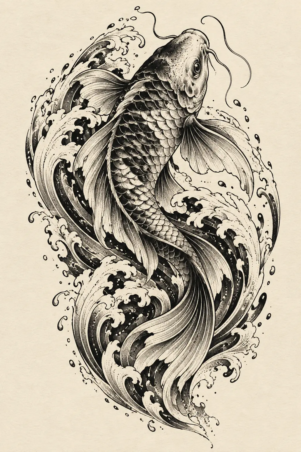 Imagem em alta resolução de tatuagem de Carpa no estilo Blackwork, referência para Costas