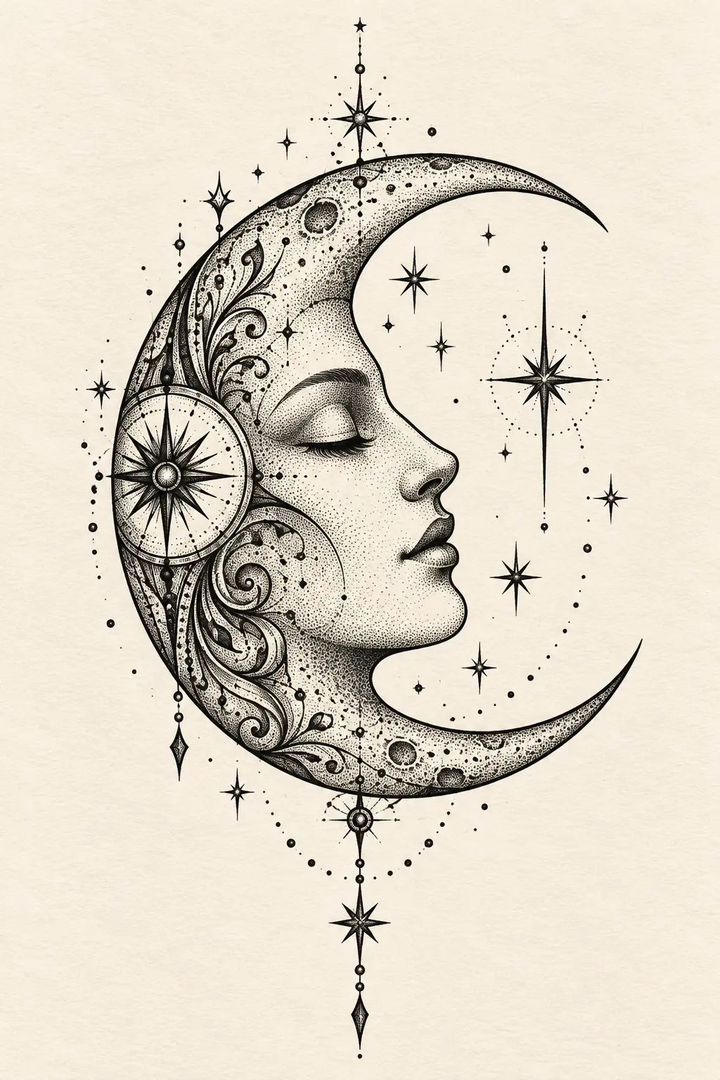 Imagem em alta resolução de tatuagem de Lua no estilo Blackwork, referência para Panturrilha