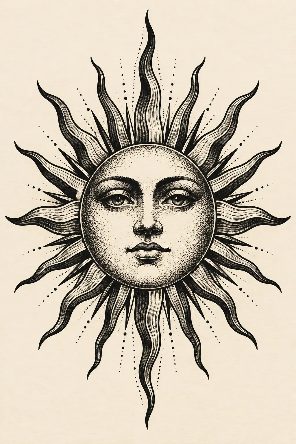 Imagem em alta resolução de tatuagem de Sol no estilo Blackwork, referência para Fechamento / Manga